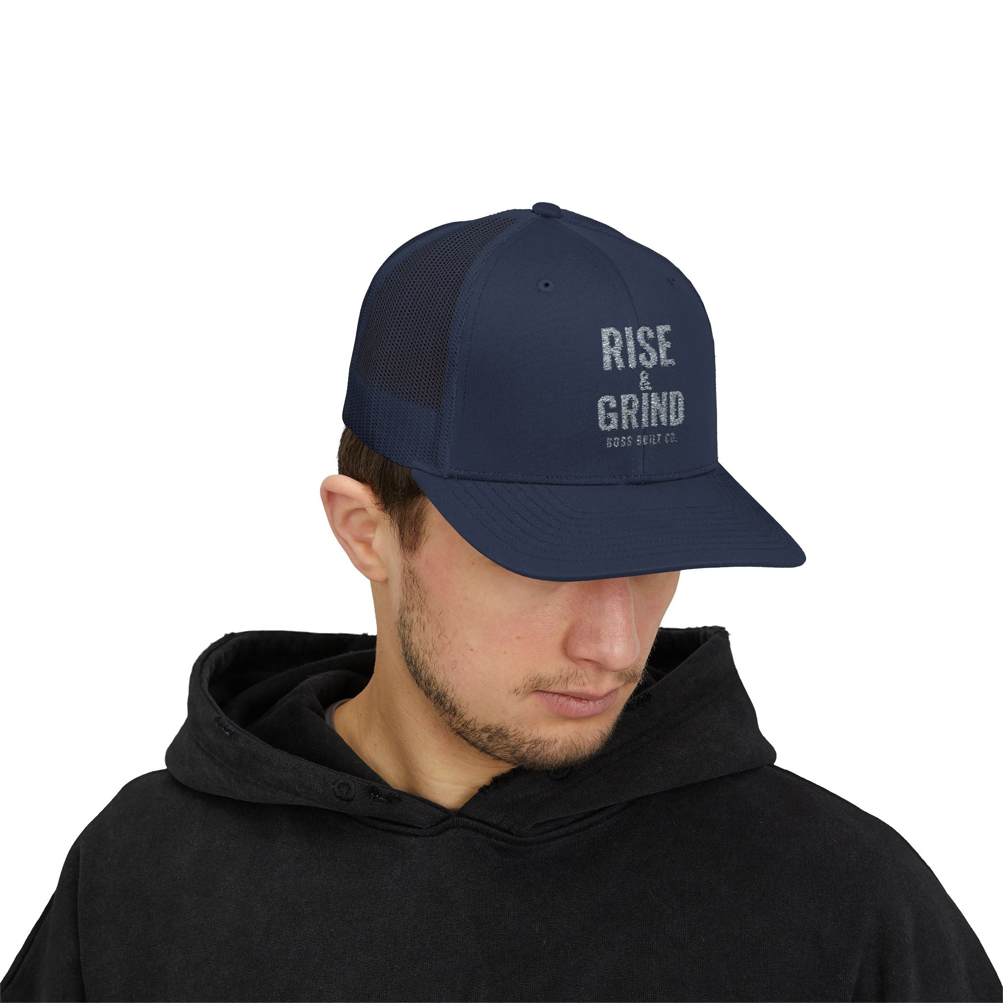 Boss Built Co Rise & Grind Snapback Trucker Cap — Motivational Embroidered Hat