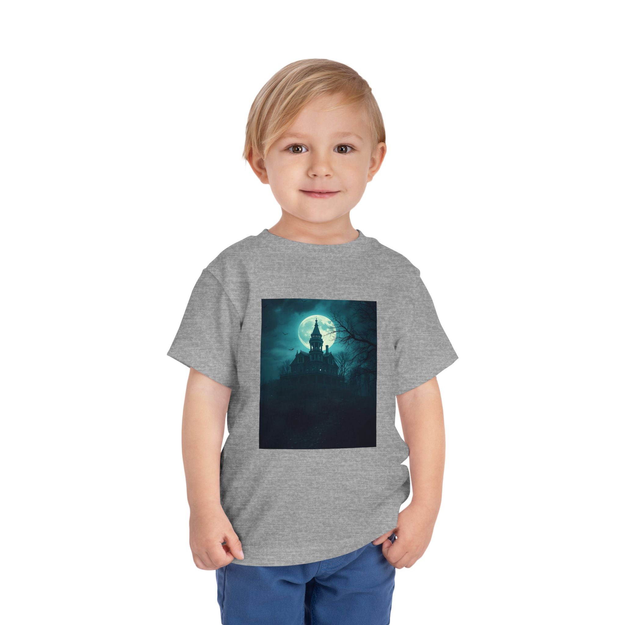 Haunted Moonlight Toddler Halloween Short Sleeve Tee, Ghostly Castle Shirt, Spooky Toddler Tee, Kids Halloween Costume Top, Fall Festivity Apparel