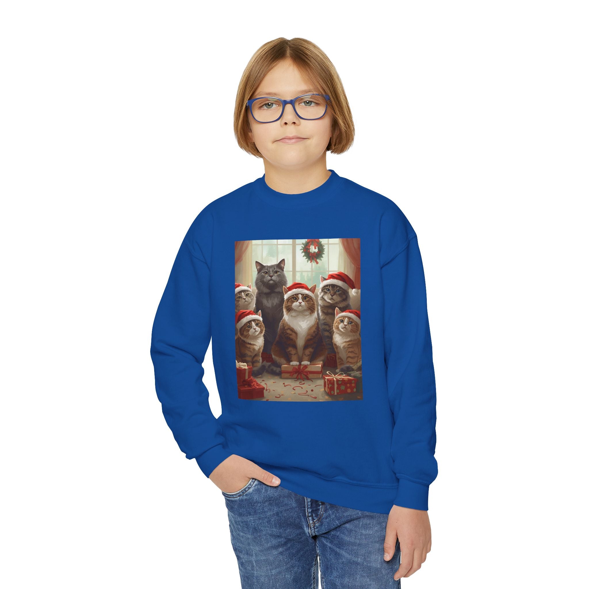 Cute Festive Christmas Cat Youth Crewneck Sweatshirt
