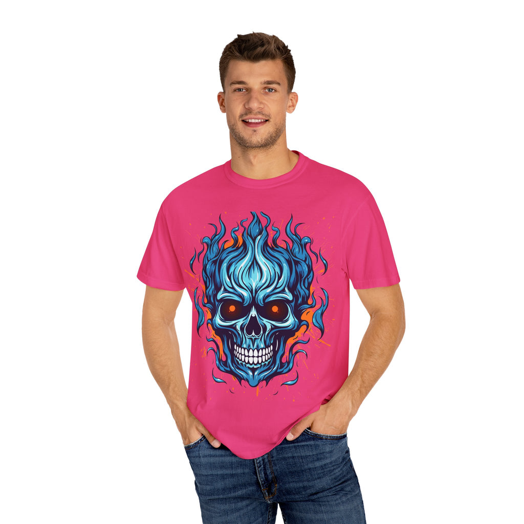 Flaming Skull T-Shirt, Unisex Graphic Tee, Edgy Casual Wear, Halloween Apparel, Gift for Rock Music Fans