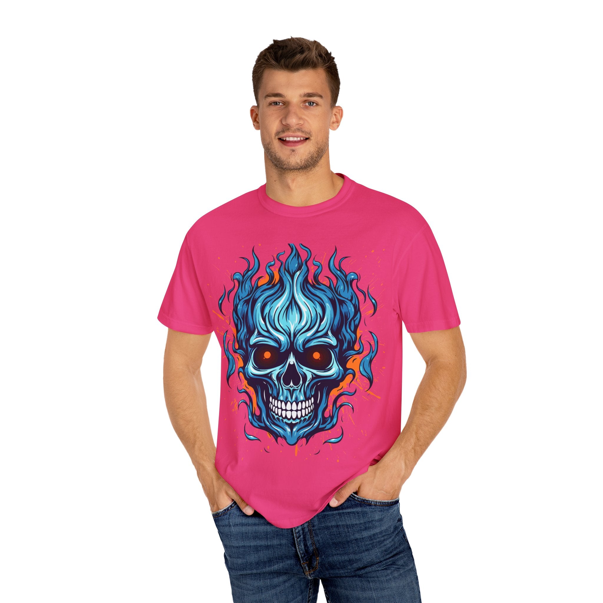 Flaming Skull T-Shirt, Unisex Graphic Tee, Edgy Casual Wear, Halloween Apparel, Gift for Rock Music Fans