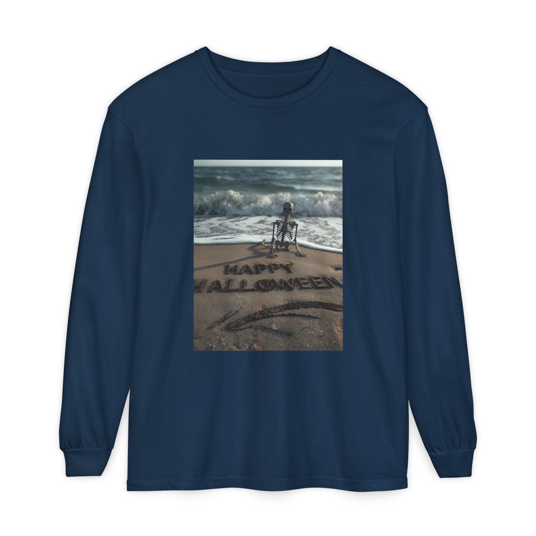 Happy Halloween Beach Skeleton Vibes Unisex Garment-dyed Long Sleeve T-Shirt