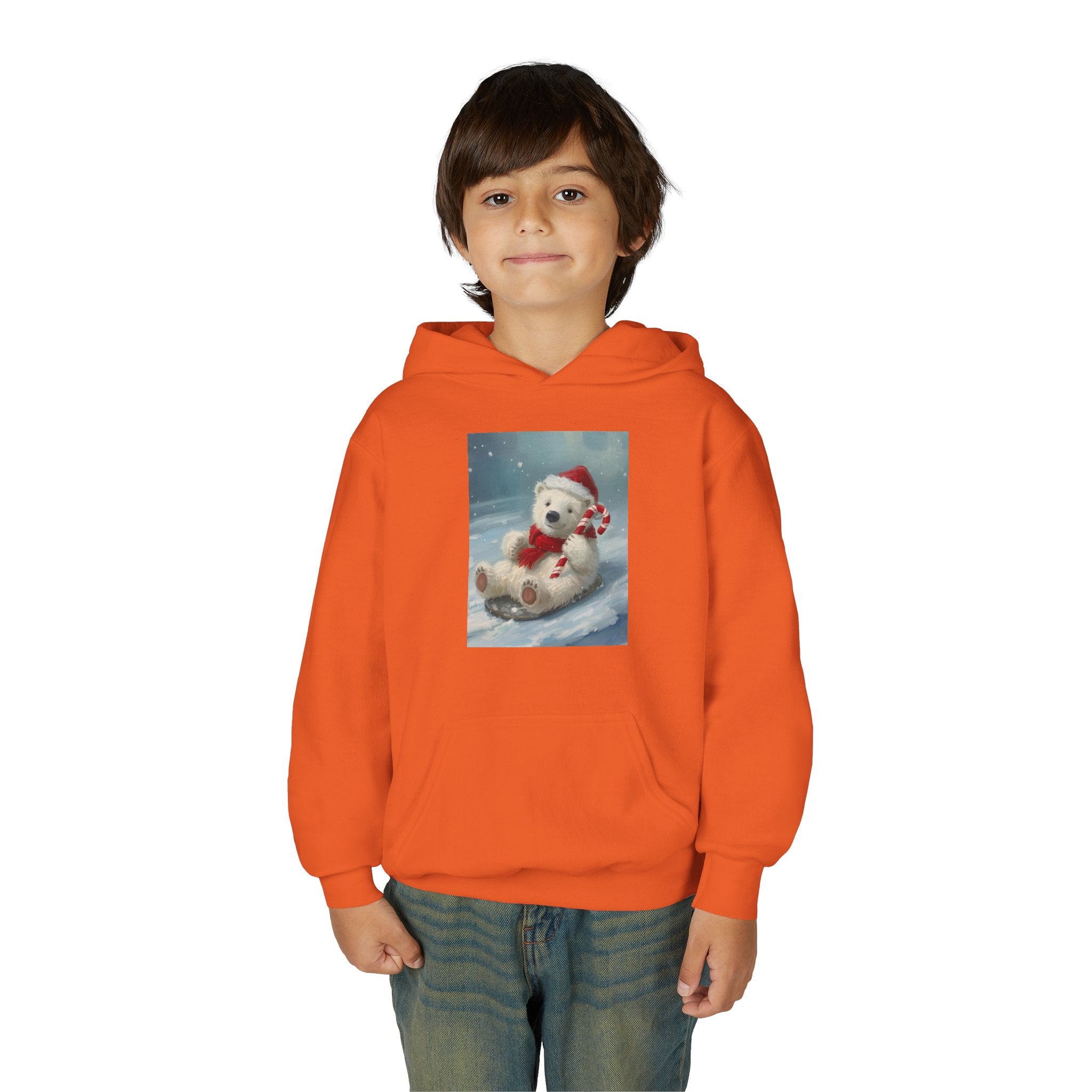 Cozy Christmas Bear Youth Hooded Sweatshirt, Winter Hoodie, Holiday Gift, Cute Sweatshirt for Kids, Festive Apparel