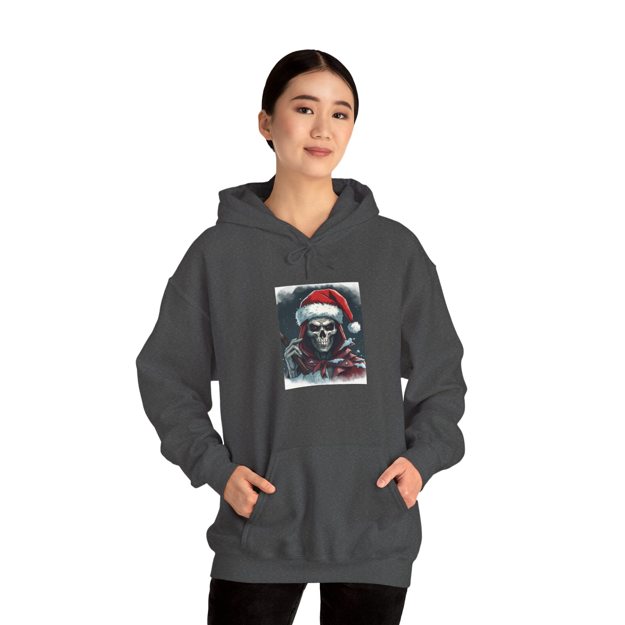Santa Skull Hoodie, Unisex Heavy Blend Sweatshirt, Halloween Christmas Gift, Cozy Holiday Apparel, Unique Graphic Sweatshirt
