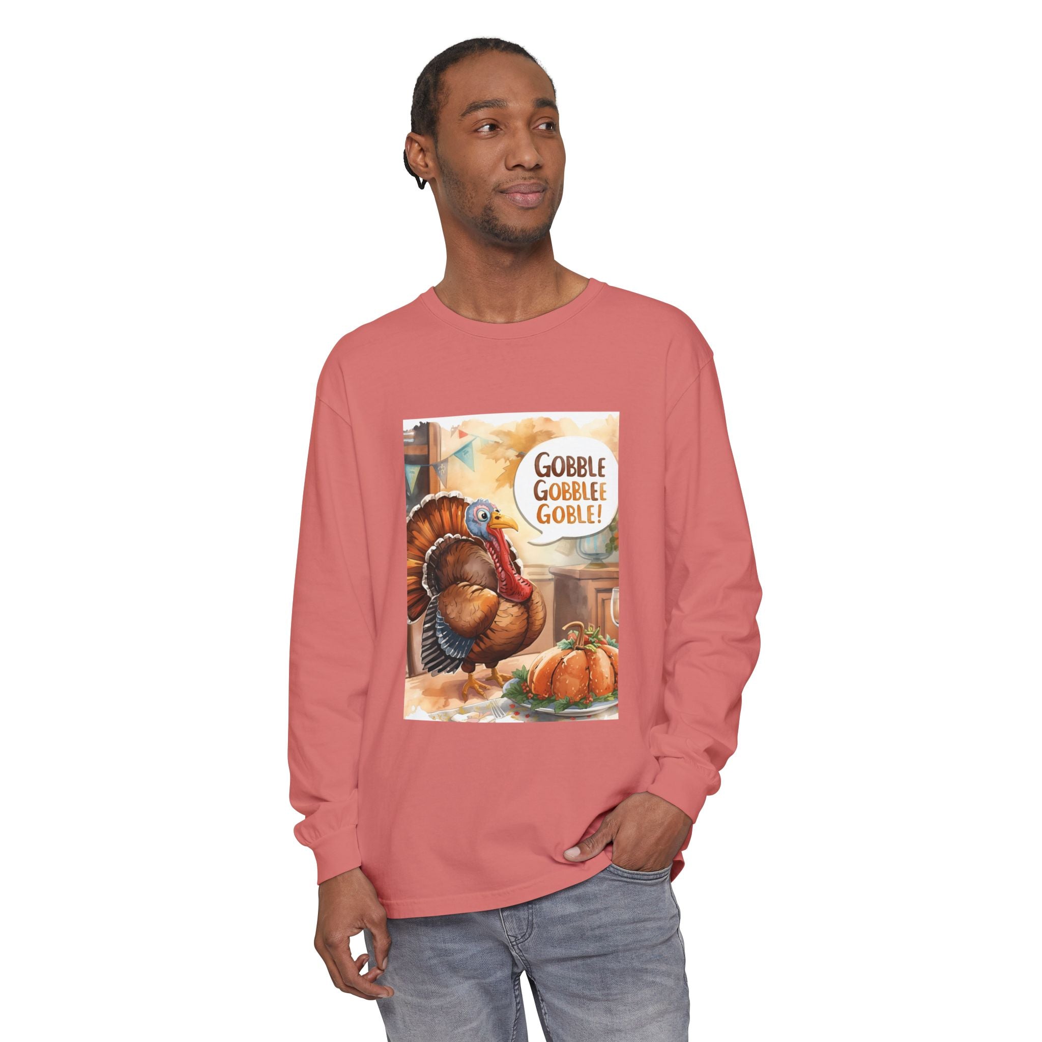 Thanksgiving Long Sleeve T-Shirt with Turkey Design, Fall Apparel, Holiday Gift, Family Gathering Shirt, Gobble Gobble Tee