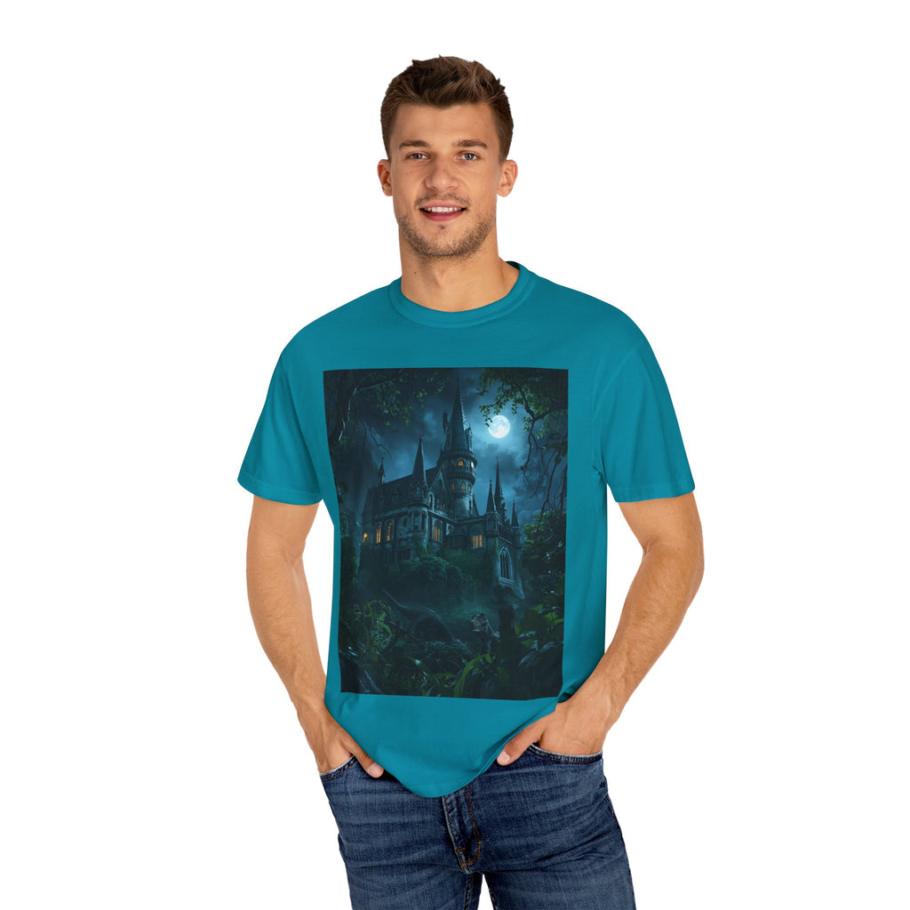 Mystical Night Scene Castle T-Shirt, Spooky Tees, Halloween Apparel, Gothic Style Shirt, Unisex Shirt, Nighttime Scene Tee