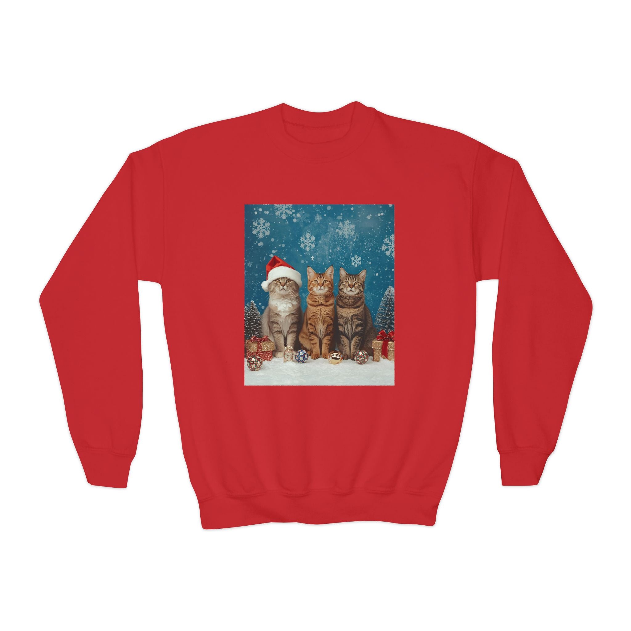Cute Cat Festive Christmas Youth Crewneck Sweatshirt