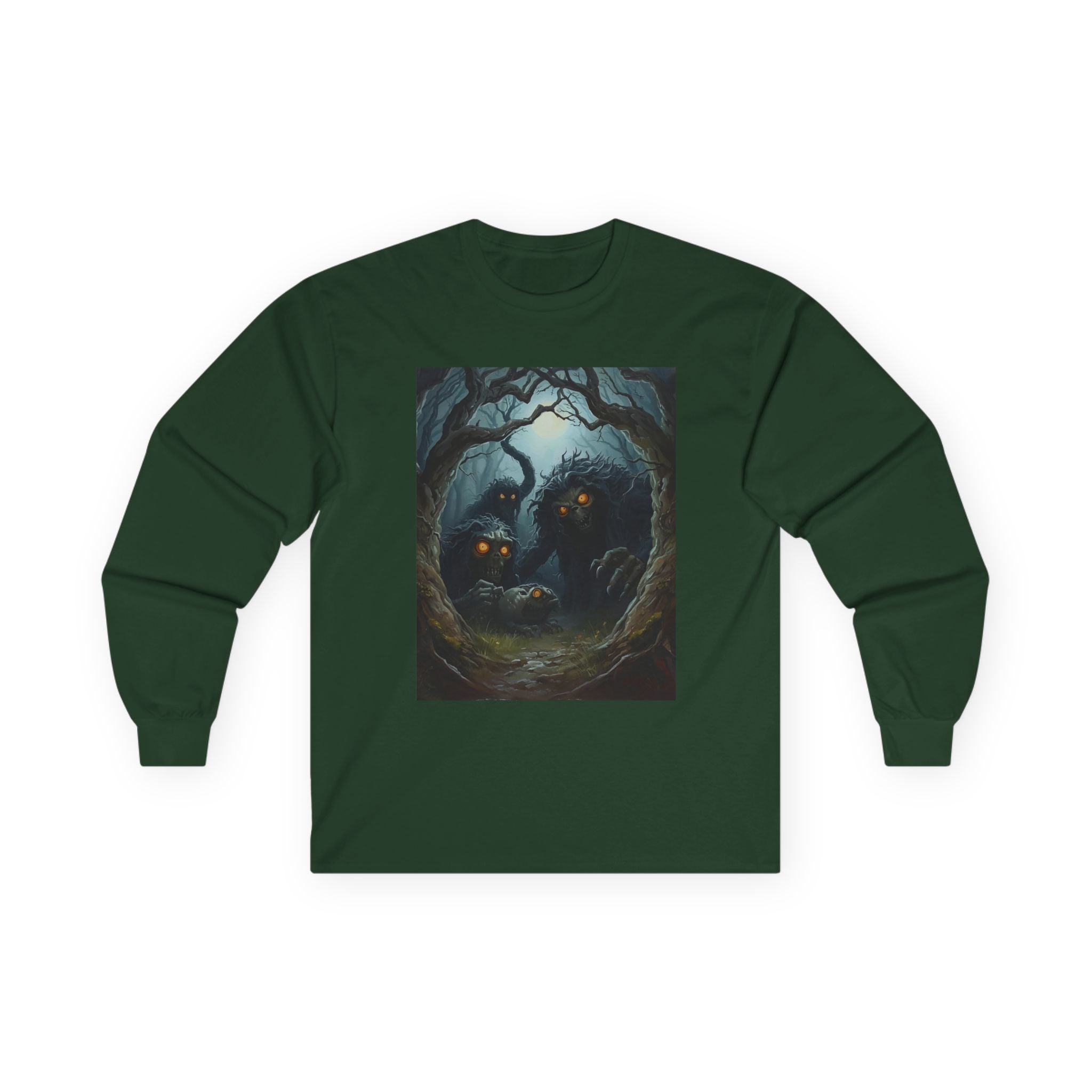 Spooky Mystical Forest Long Sleeve Tee - Cozy Unisex Shirt, Fall Fashion, Nature Lover Gift, Halloween Apparel, Unique Art Tee