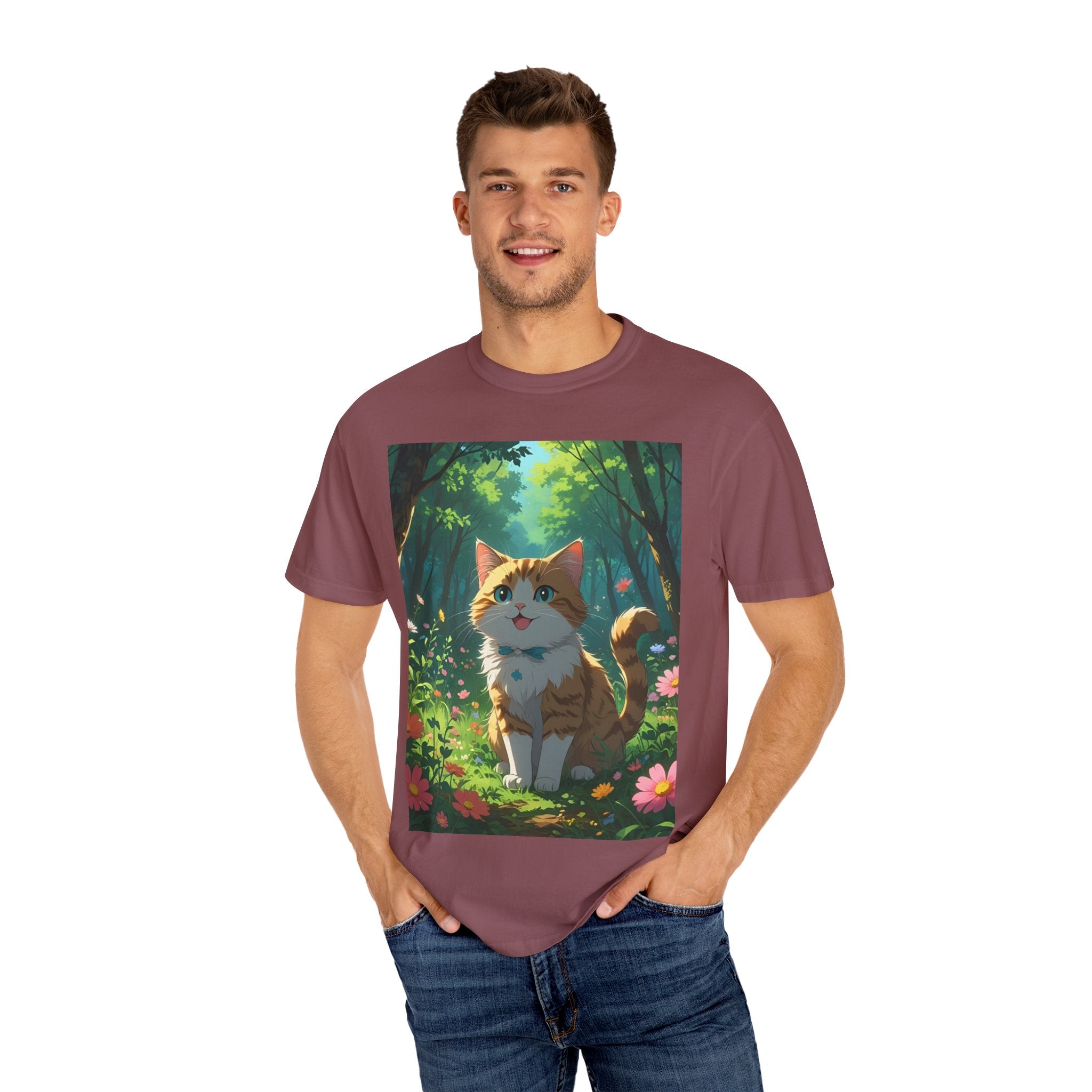 Whimsical Cat In Forest T-Shirt | Nature Lover Gift, Cute Pet Shirt, Animal Art Tee, Summer Outfit, Eco-Friendly Fashion