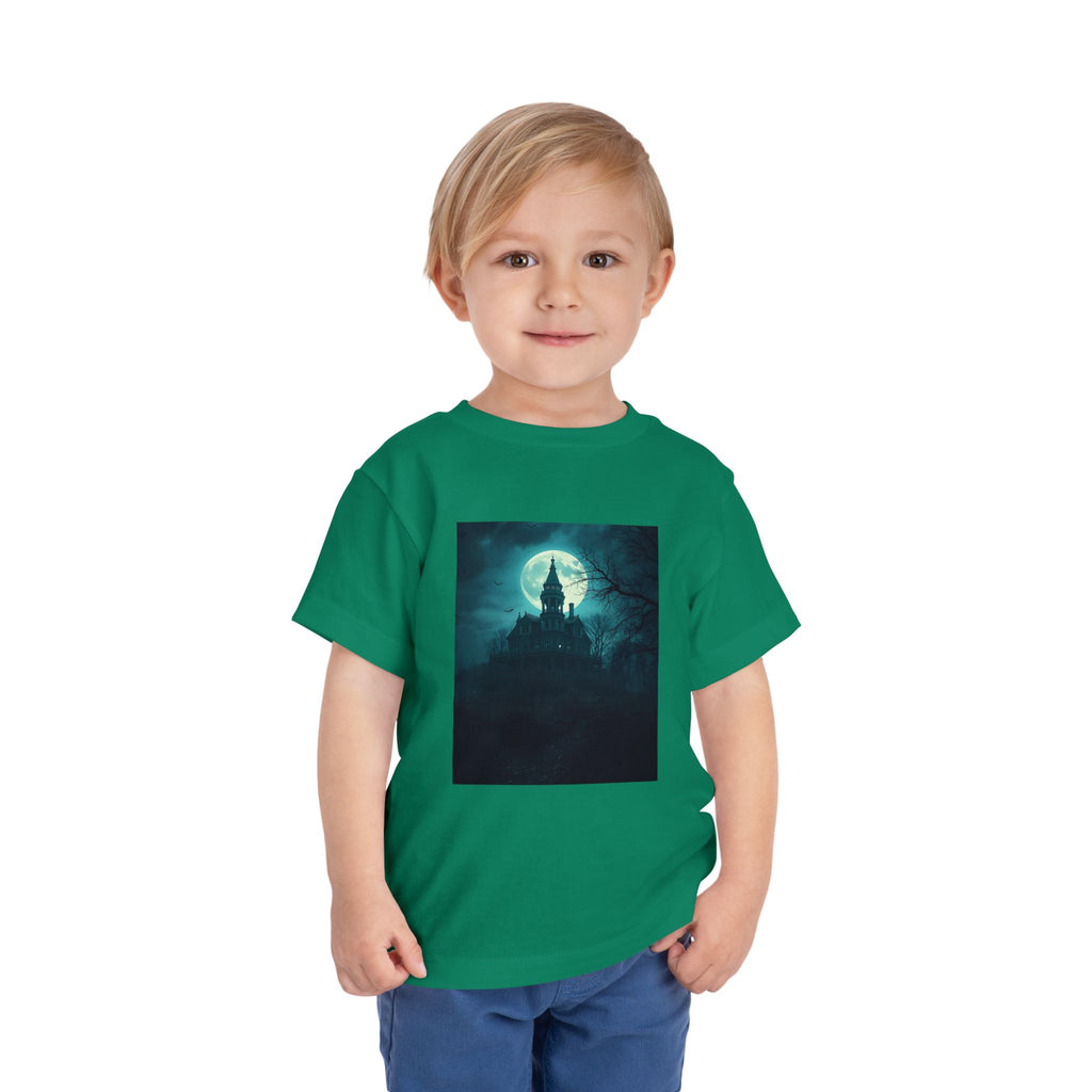 Haunted Moonlight Toddler Halloween Short Sleeve Tee, Ghostly Castle Shirt, Spooky Toddler Tee, Kids Halloween Costume Top, Fall Festivity Apparel