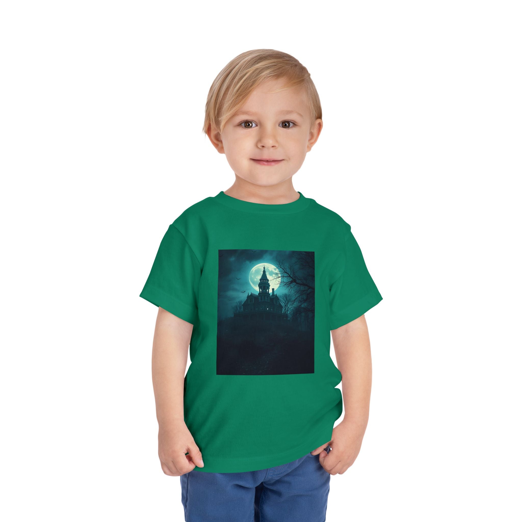 Haunted Moonlight Toddler Halloween Short Sleeve Tee, Ghostly Castle Shirt, Spooky Toddler Tee, Kids Halloween Costume Top, Fall Festivity Apparel