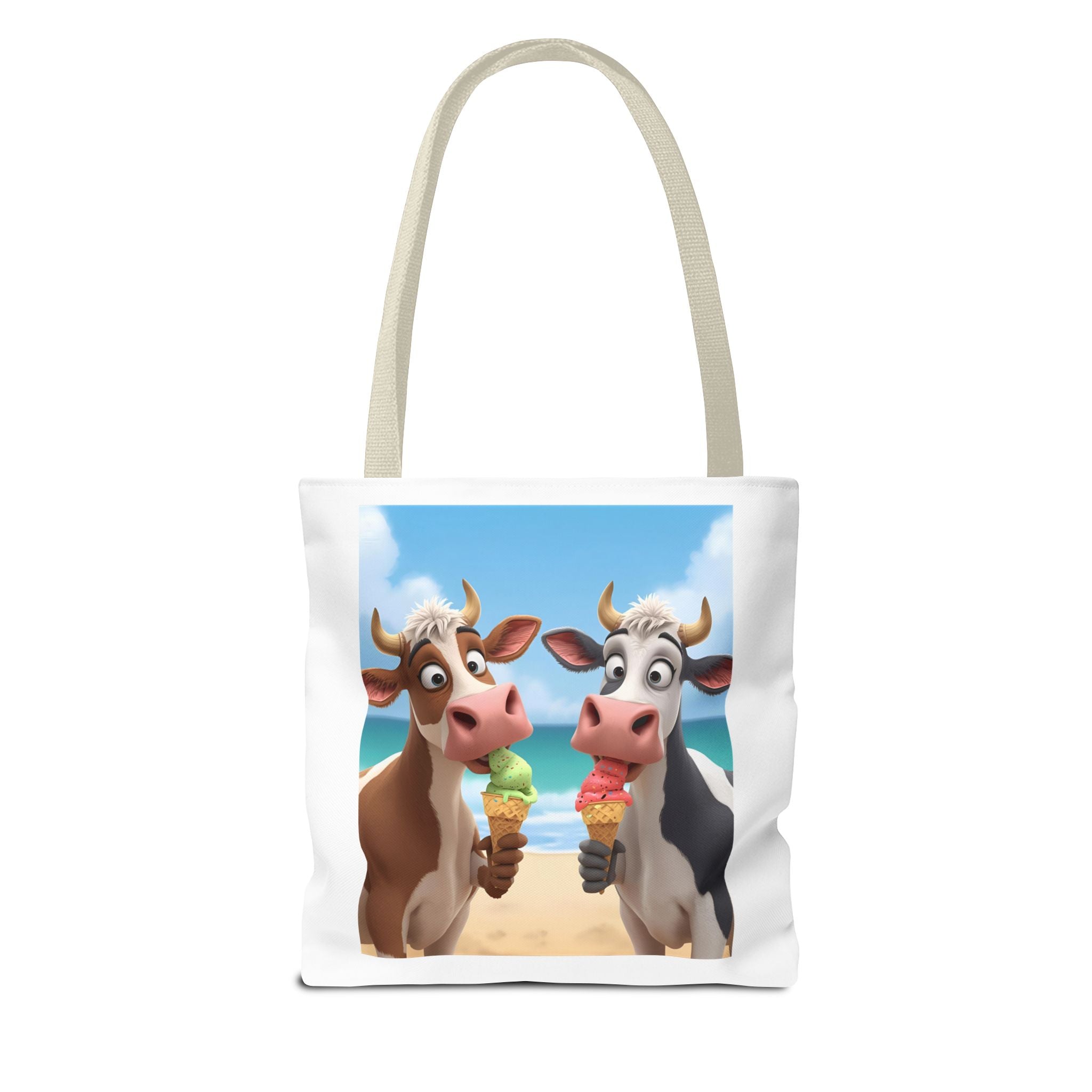 Fun Cartoon Cow Tote Bag for Ice Cream Lovers, Cute Beach Bag, Animal Lover Gift, Summer Accessory, AOP Design