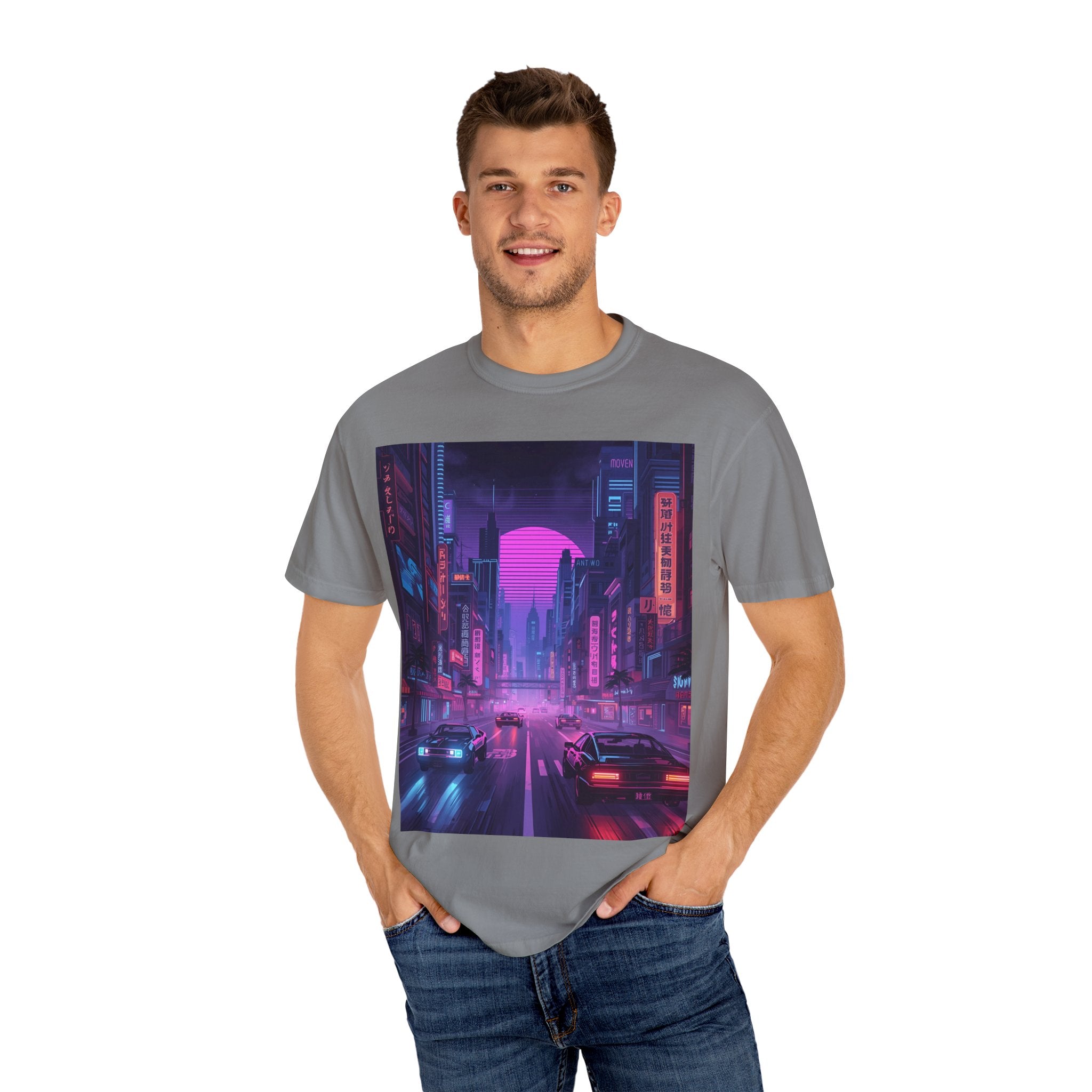Futuristic Neon Cityscape T-Shirt, Retro Graphic Tee, Unisex Streetwear, Urban Vibe Shirt, Gift for Gamers, Summer Outfit