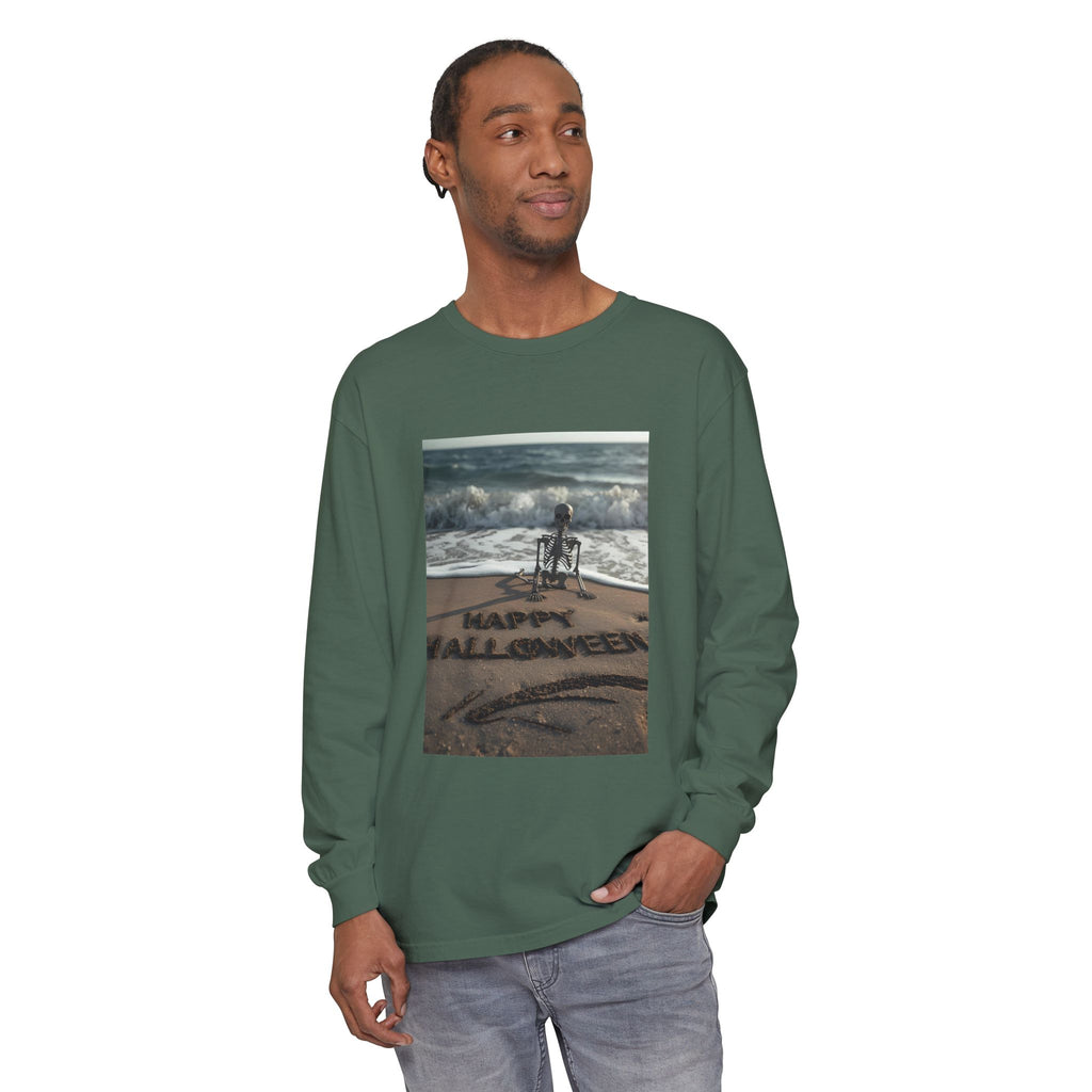 Happy Halloween Beach Skeleton Vibes Unisex Garment-dyed Long Sleeve T-Shirt