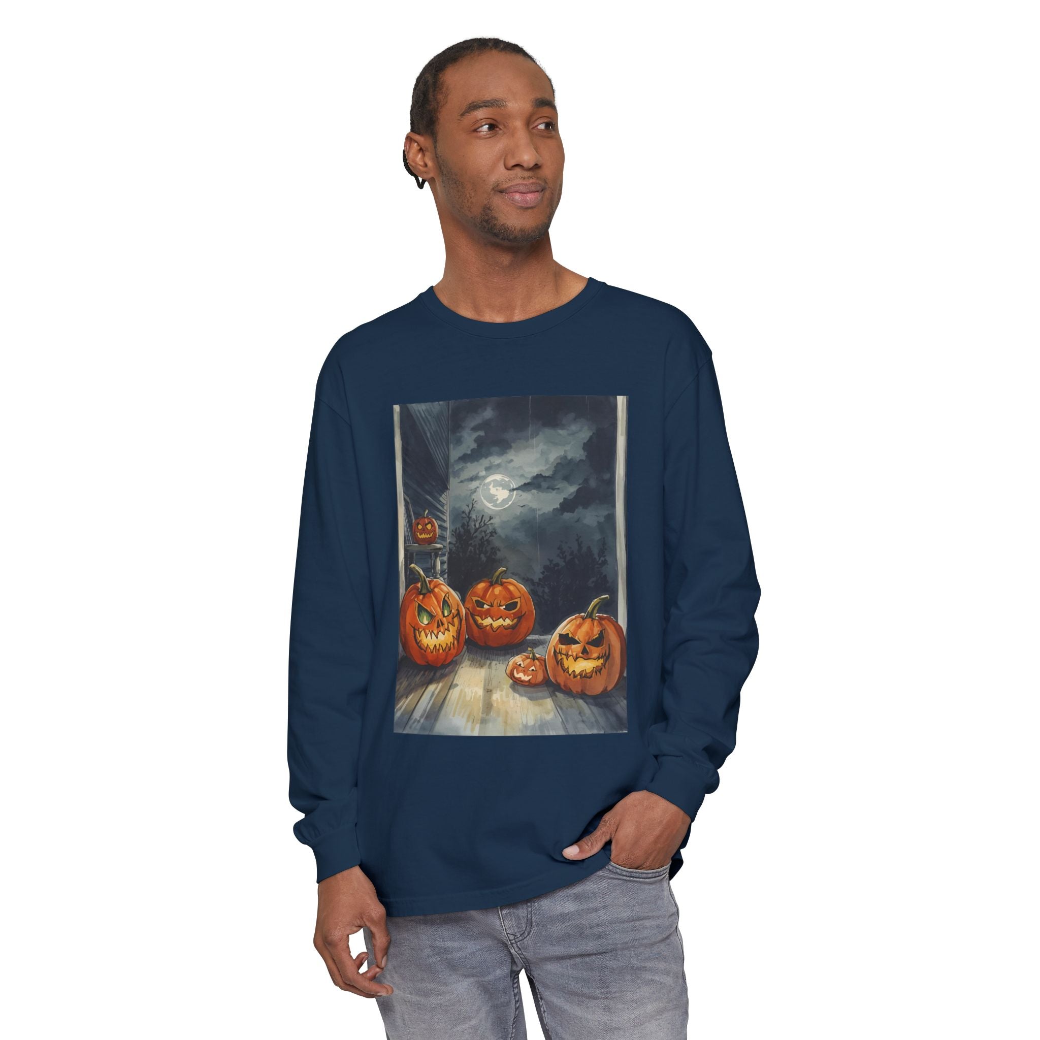 Halloween Pumpkin Scary Unisex Garment-dyed Long Sleeve T-Shirt