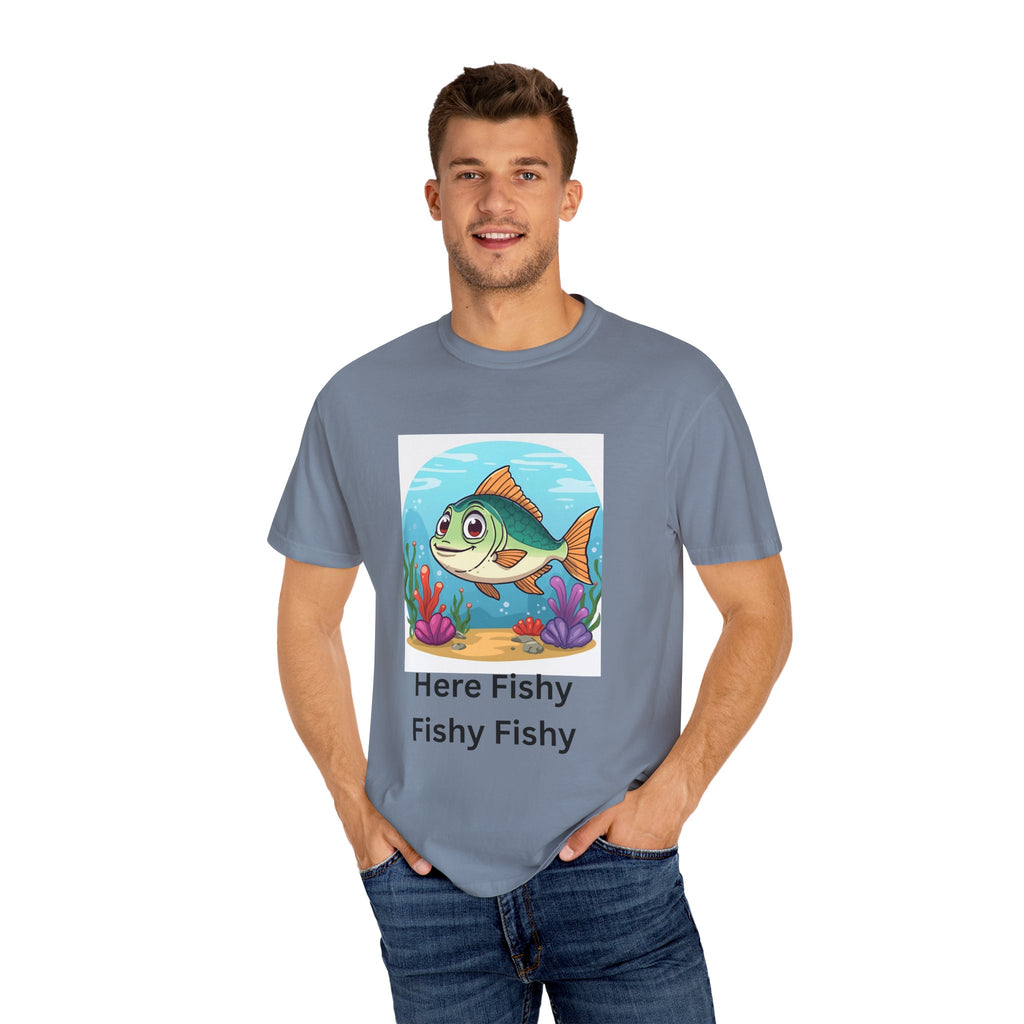 Playful Fish T-Shirt for Nature Lovers, Here Fishy Fishy Fishy Tee, Unisex Casual Wear, Perfect for Birthdays, Summer Fun, Beach Outings