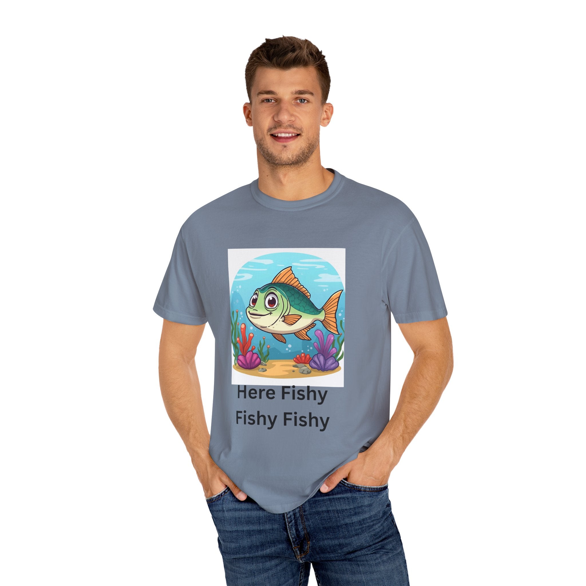 Playful Fish T-Shirt for Nature Lovers, Here Fishy Fishy Fishy Tee, Unisex Casual Wear, Perfect for Birthdays, Summer Fun, Beach Outings