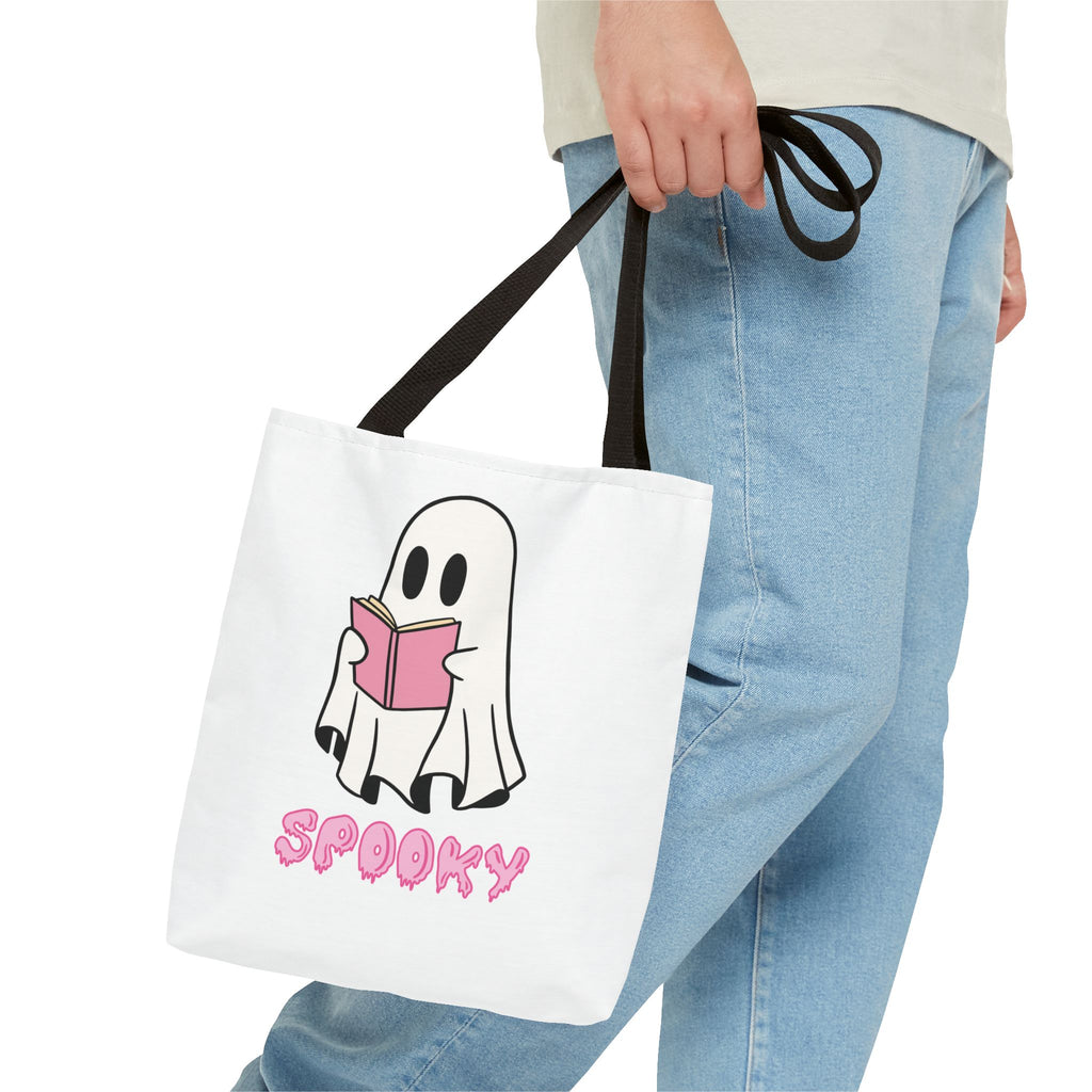 Spooky Ghost Reading Tote Bag | Halloween Accessory, Cute Book Lover Gift, Eco-Friendly, Shopping Bag, AOP Design