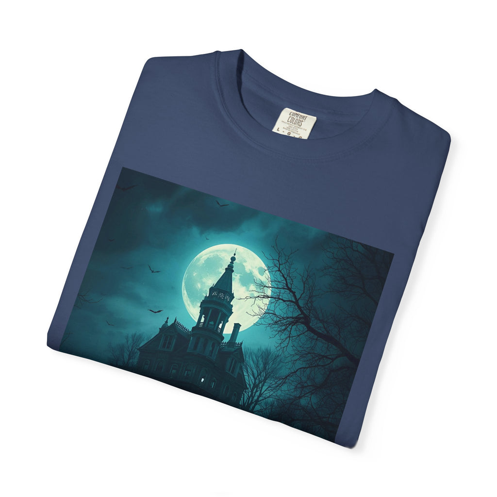 Haunted Moonlight Spooky Castle Graphic Tee | Unisex Garment-Dyed T-shirt, Halloween Shirt, Graphic Tee, Casual Wear, Gift for Ghost Lovers