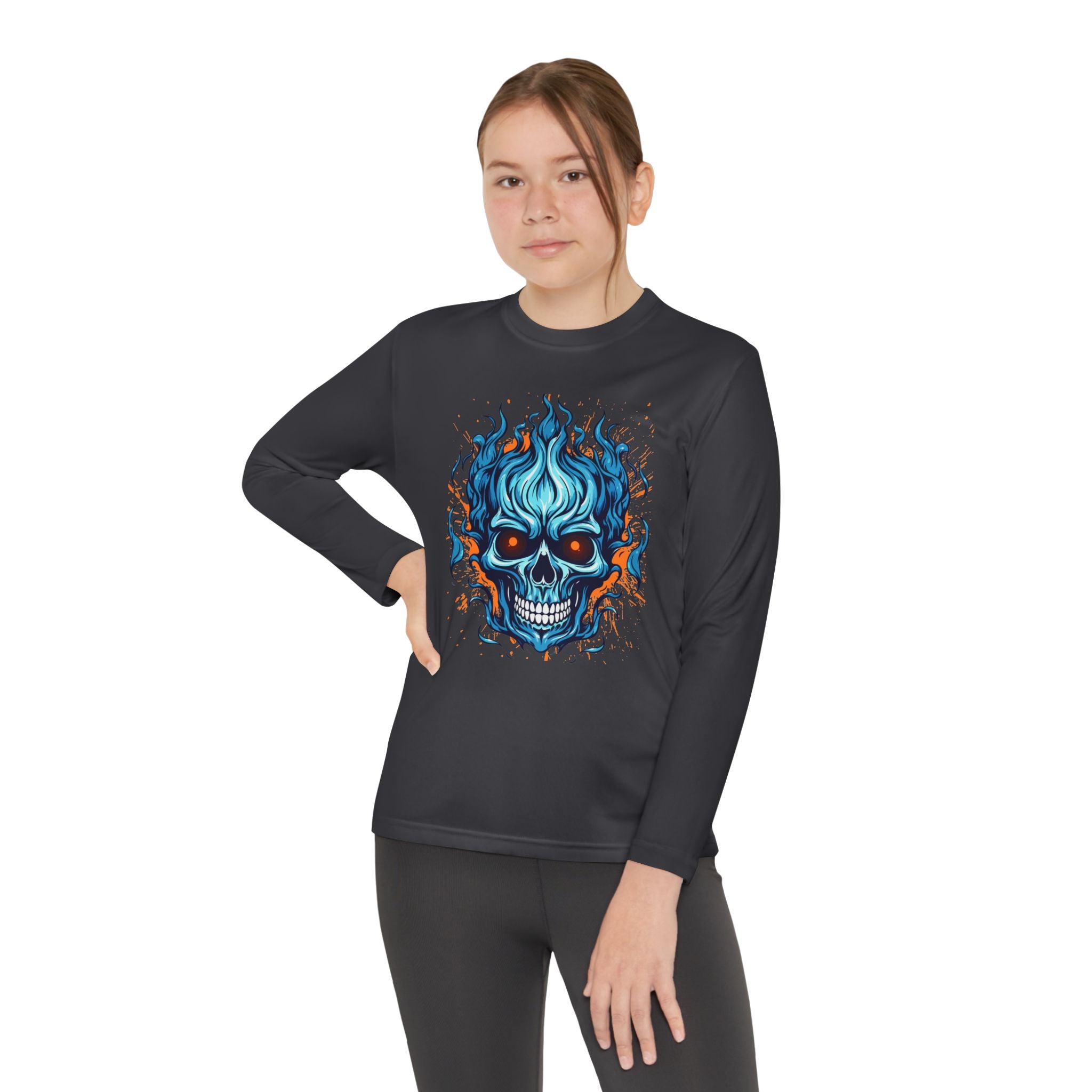 Skull Flame Youth Long Sleeve Skull Tee, Perfect for Halloween, Edgy Gift for Teens, Cozy Casual Wear, Skull Art Graphic Tee, Unique Birthday Present