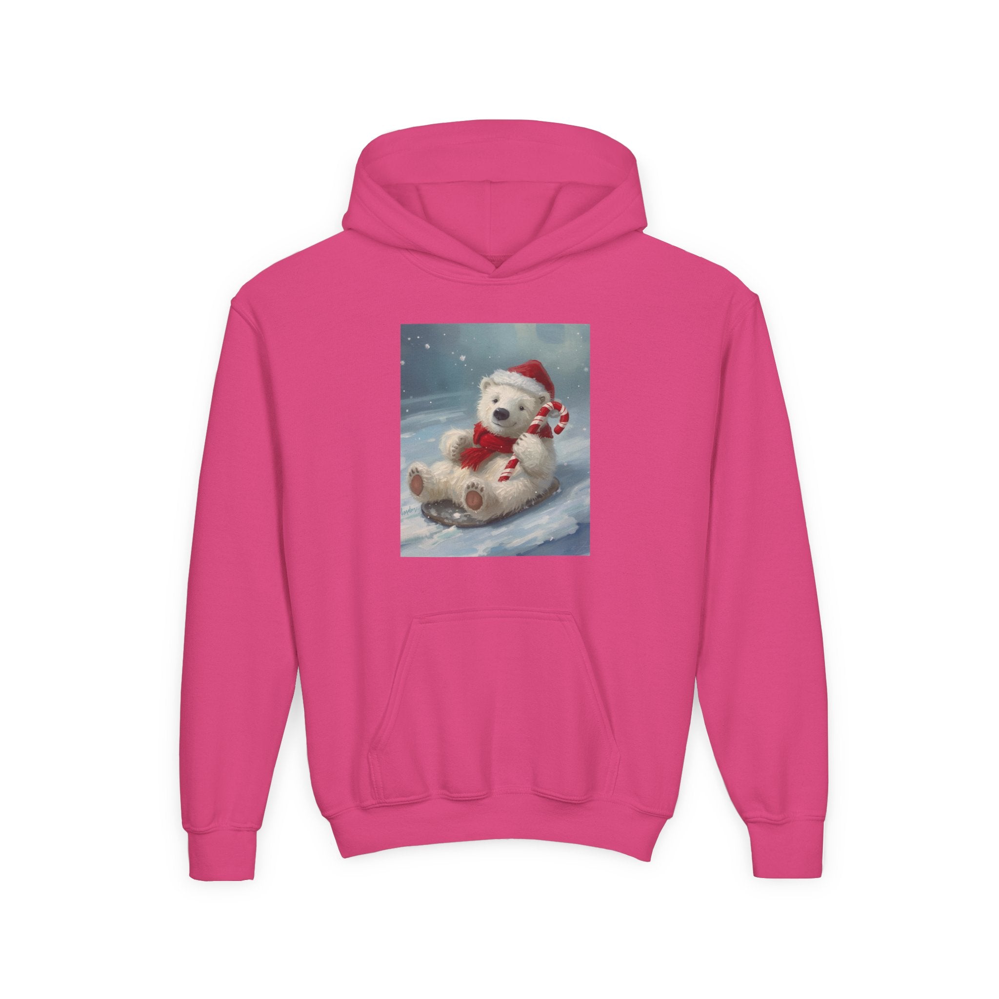 Cozy Christmas Bear Youth Hooded Sweatshirt, Winter Hoodie, Holiday Gift, Cute Sweatshirt for Kids, Festive Apparel