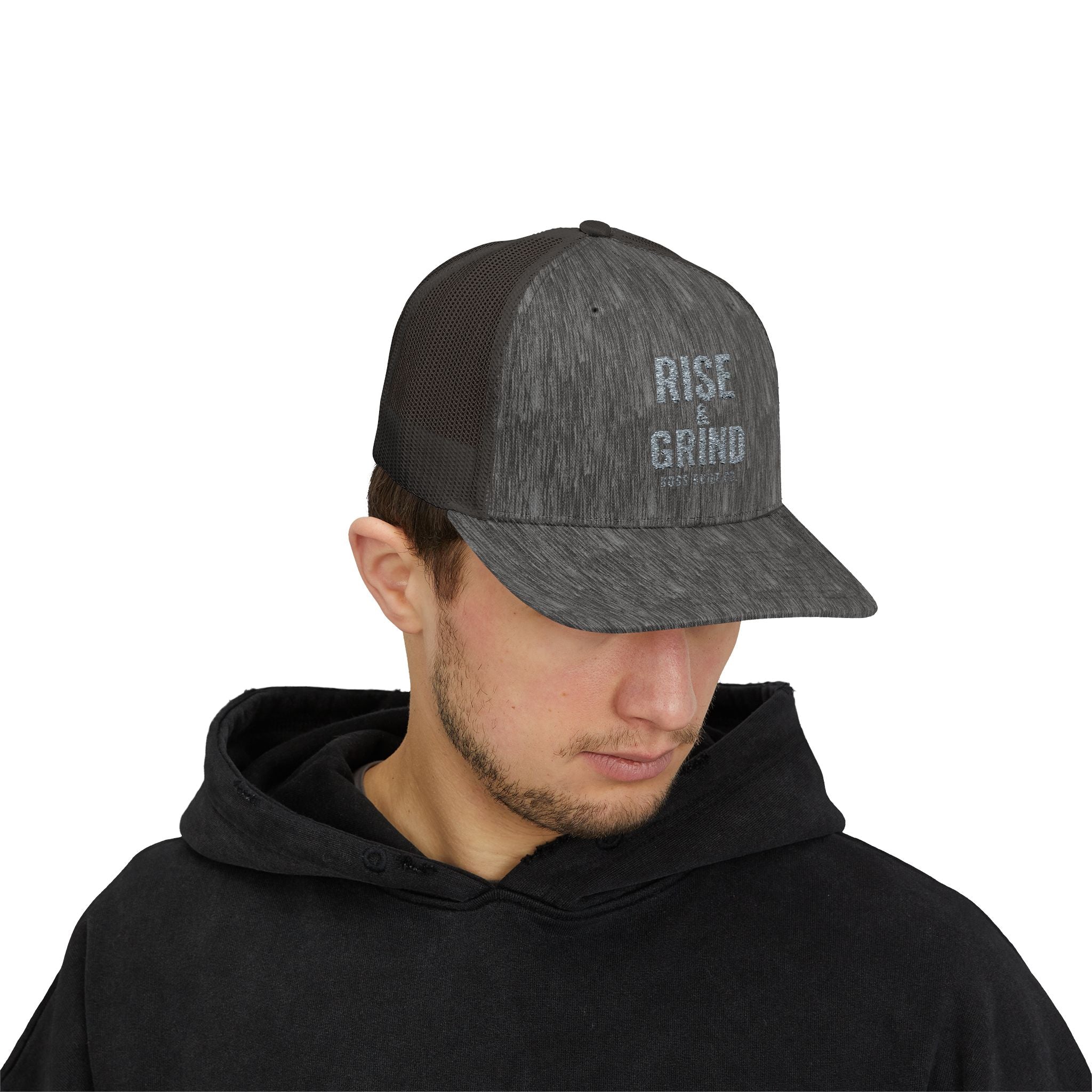 Boss Built Co Rise & Grind Snapback Trucker Cap — Motivational Embroidered Hat