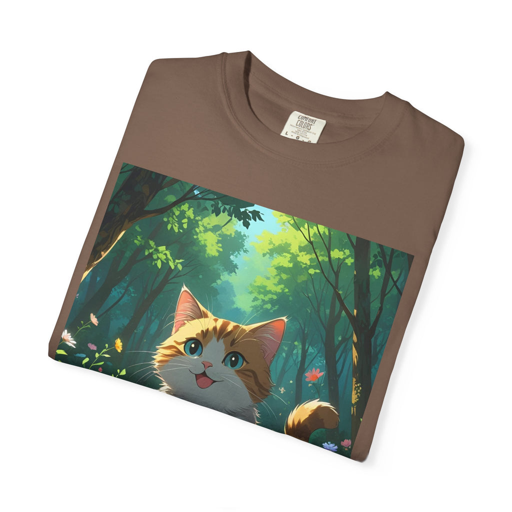 Whimsical Cat In Forest T-Shirt | Nature Lover Gift, Cute Pet Shirt, Animal Art Tee, Summer Outfit, Eco-Friendly Fashion