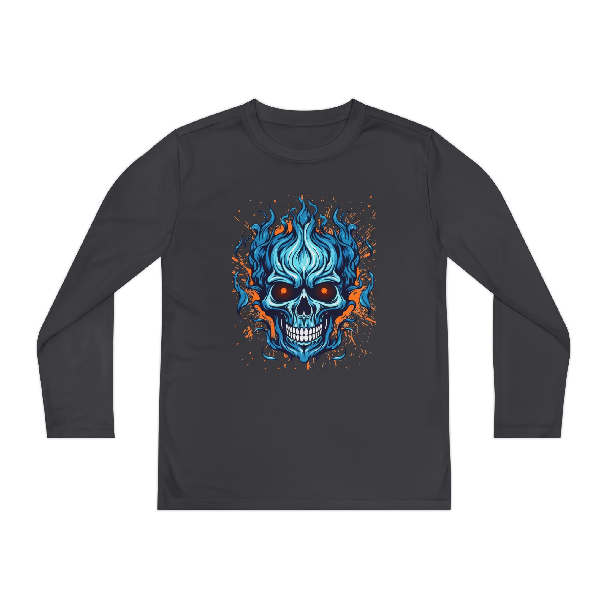 Skull Flame Youth Long Sleeve Skull Tee, Perfect for Halloween, Edgy Gift for Teens, Cozy Casual Wear, Skull Art Graphic Tee, Unique Birthday Present