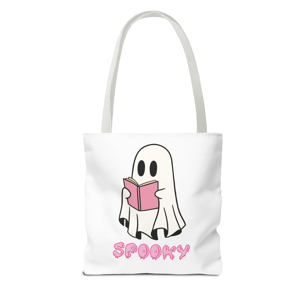 Spooky Ghost Reading Tote Bag | Halloween Accessory, Cute Book Lover Gift, Eco-Friendly, Shopping Bag, AOP Design