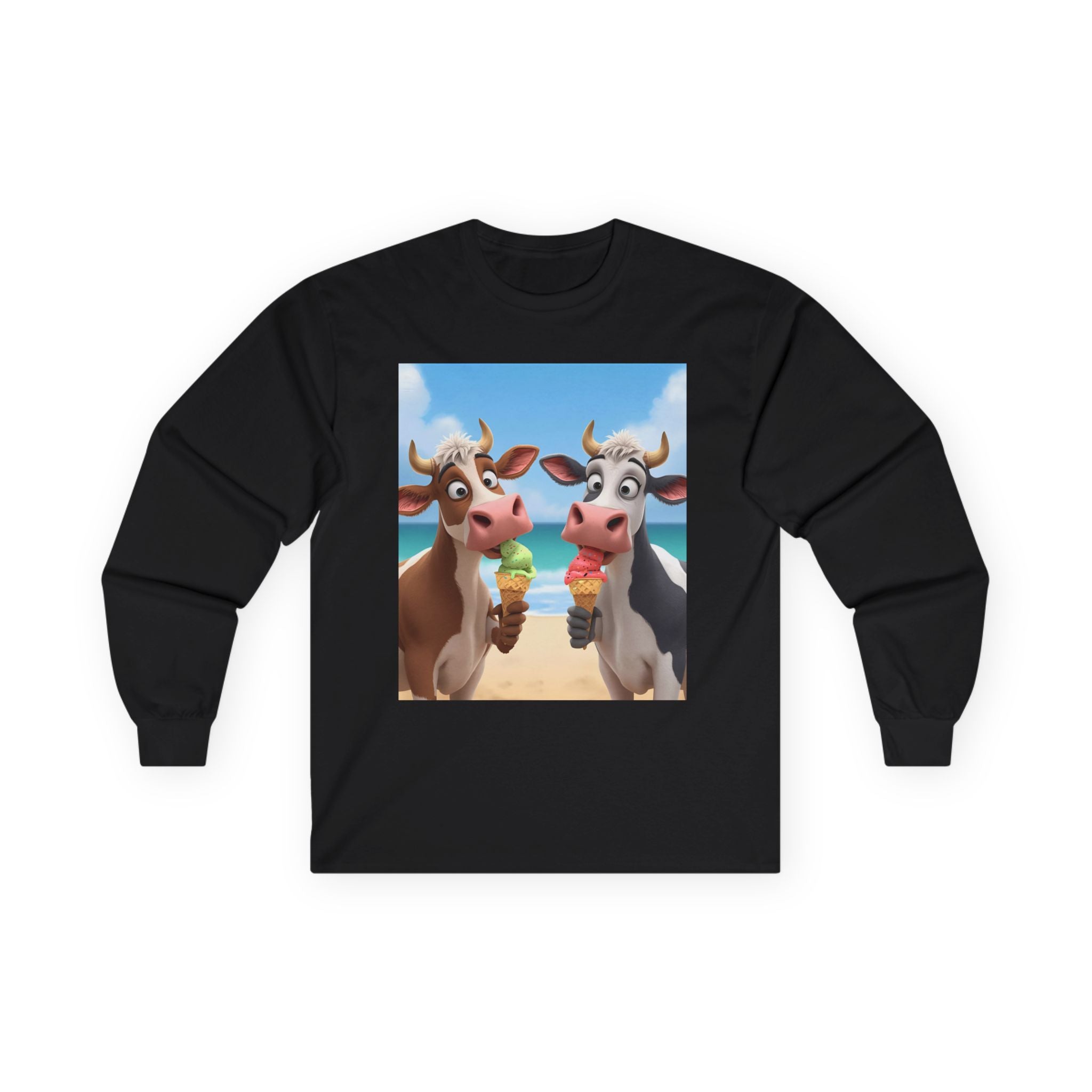Funny Beach Cow Graphic Long Sleeve Tee, Cute Animal T-Shirt for Kids, Ice Cream Lover Gift, Summer Beach Apparel, Dairy Product Humor