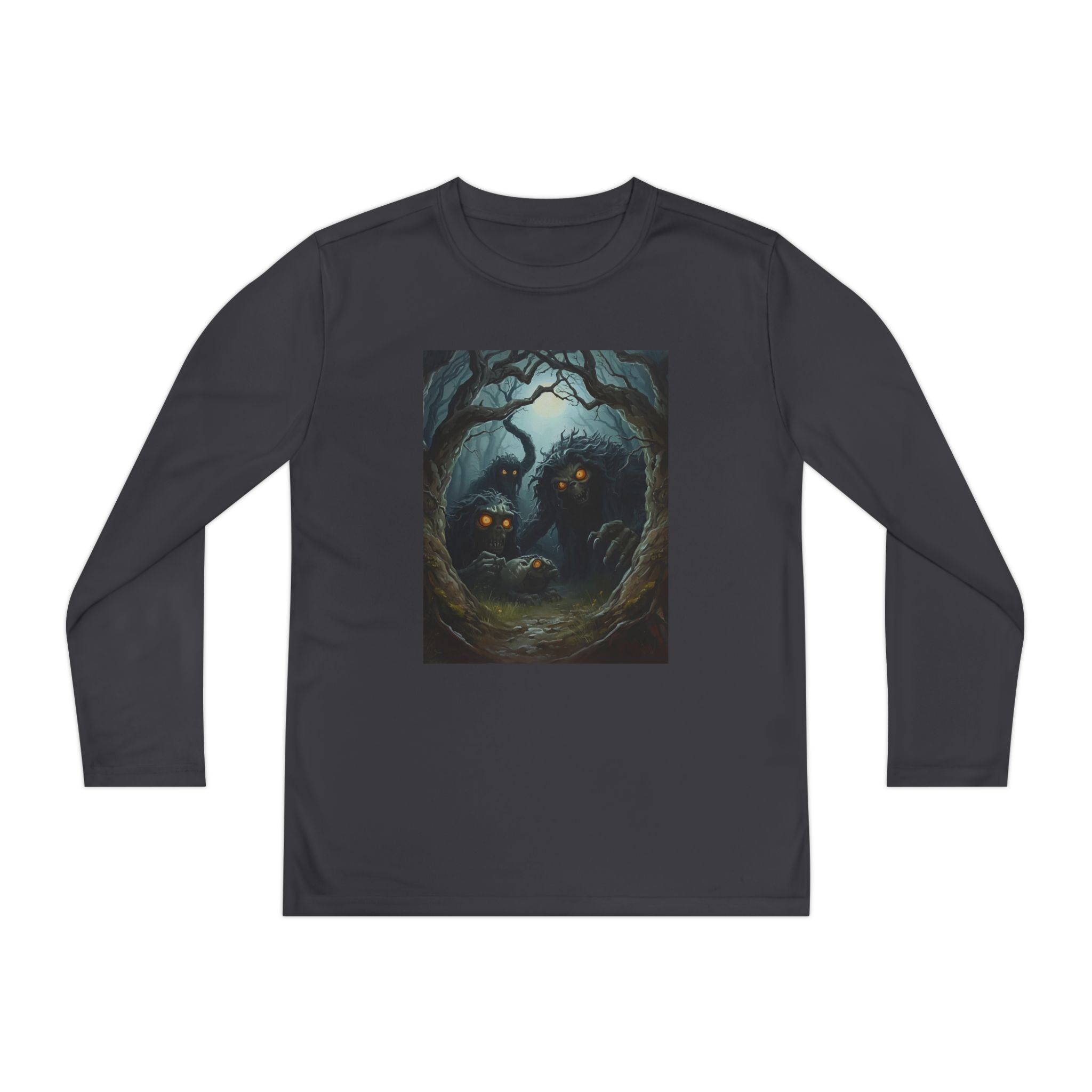 Spooky Forest Creatures Youth Long Sleeve Tee with Enchanted Forest Design, Comfortable Unisex T-Shirt for All Seasons, Perfect for Halloween and Nature Lovers