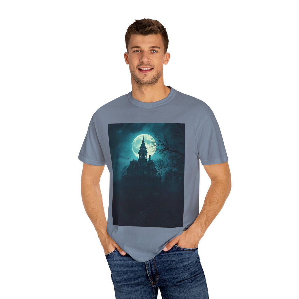 Haunted Moonlight Spooky Castle Graphic Tee | Unisex Garment-Dyed T-shirt, Halloween Shirt, Graphic Tee, Casual Wear, Gift for Ghost Lovers