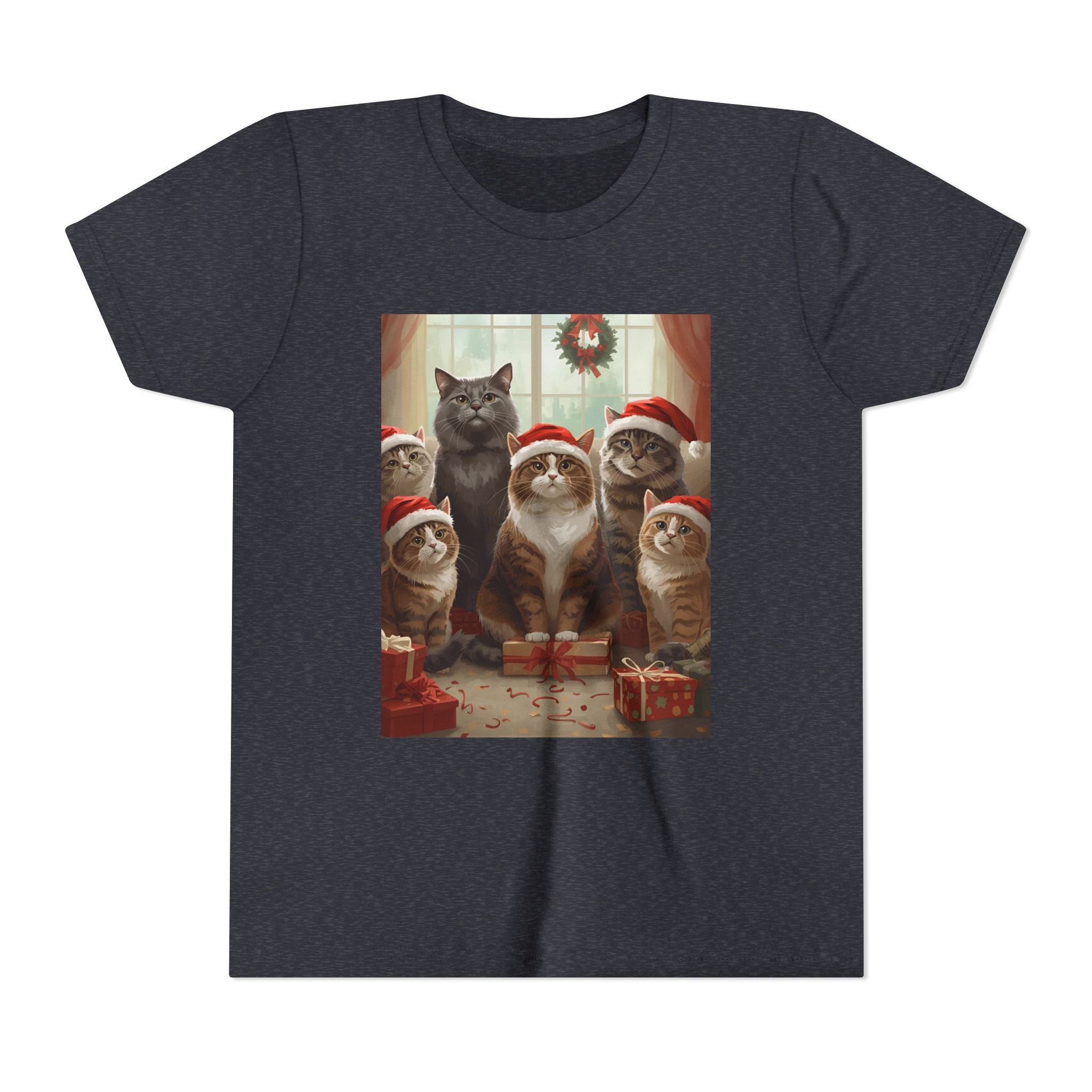 Cute Festive Christmas Cat Youth Short Sleeve Tee