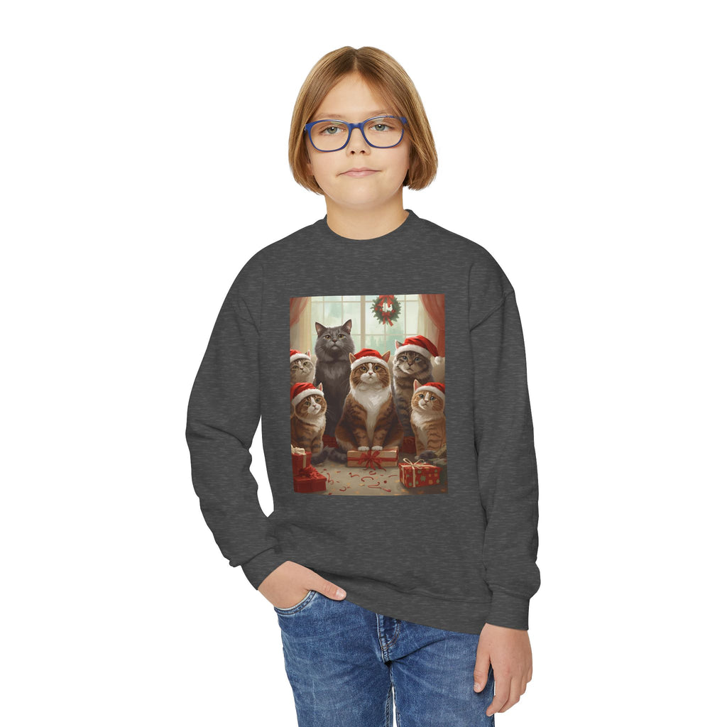Cute Festive Christmas Cat Youth Crewneck Sweatshirt