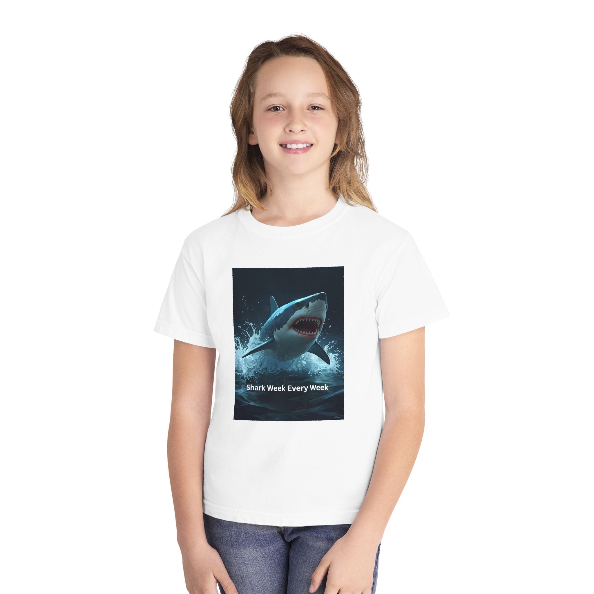 Shark Week Youth Tee, Fun Shark Graphic Shirt, Kids Summer Apparel, Ocean Lover Gift, Beach Party Clothing
