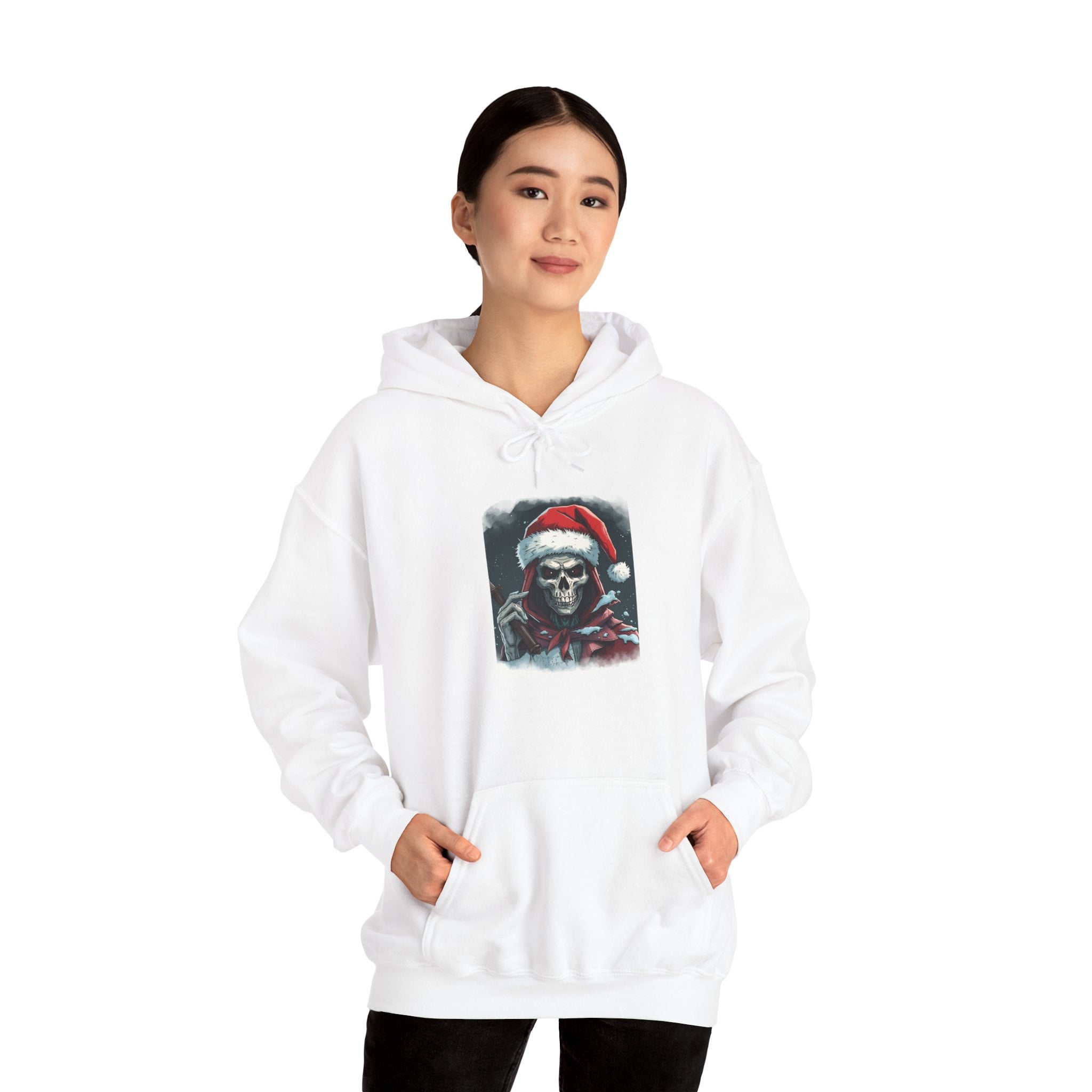 Santa Skull Hoodie, Unisex Heavy Blend Sweatshirt, Halloween Christmas Gift, Cozy Holiday Apparel, Unique Graphic Sweatshirt