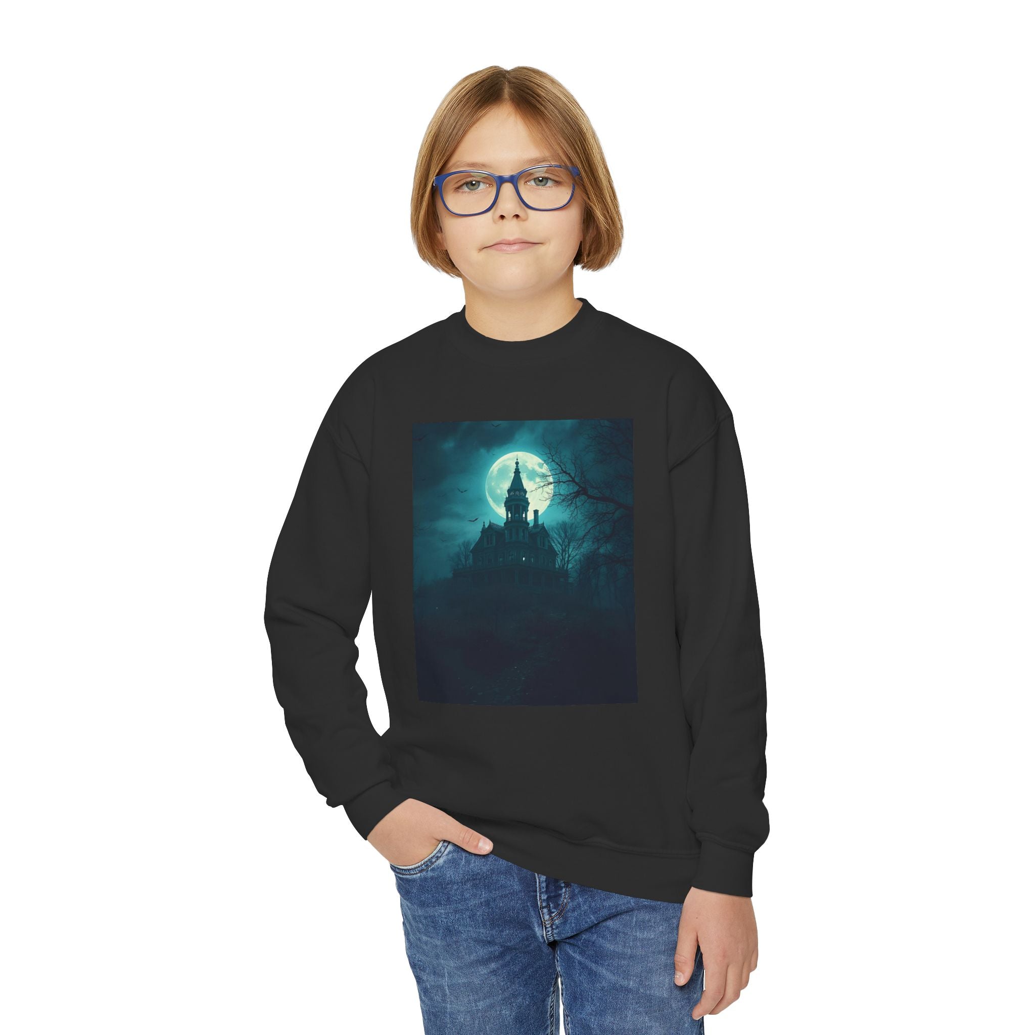 Haunted Moonlight Spooky Castle Youth Crewneck Sweatshirt | Halloween Gift, Cozy Sweatshirt for Kids, Unique Graphic Sweatshirt, Autumn Wardrobe Essential