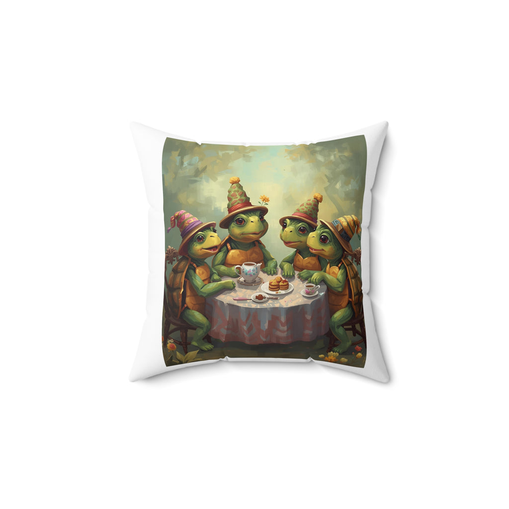 Whimsical Turtle Tea Party Pillow, Decorative Cushion, Unique Home Decor, Gift for Animal Lovers, Playful Living Room Accent