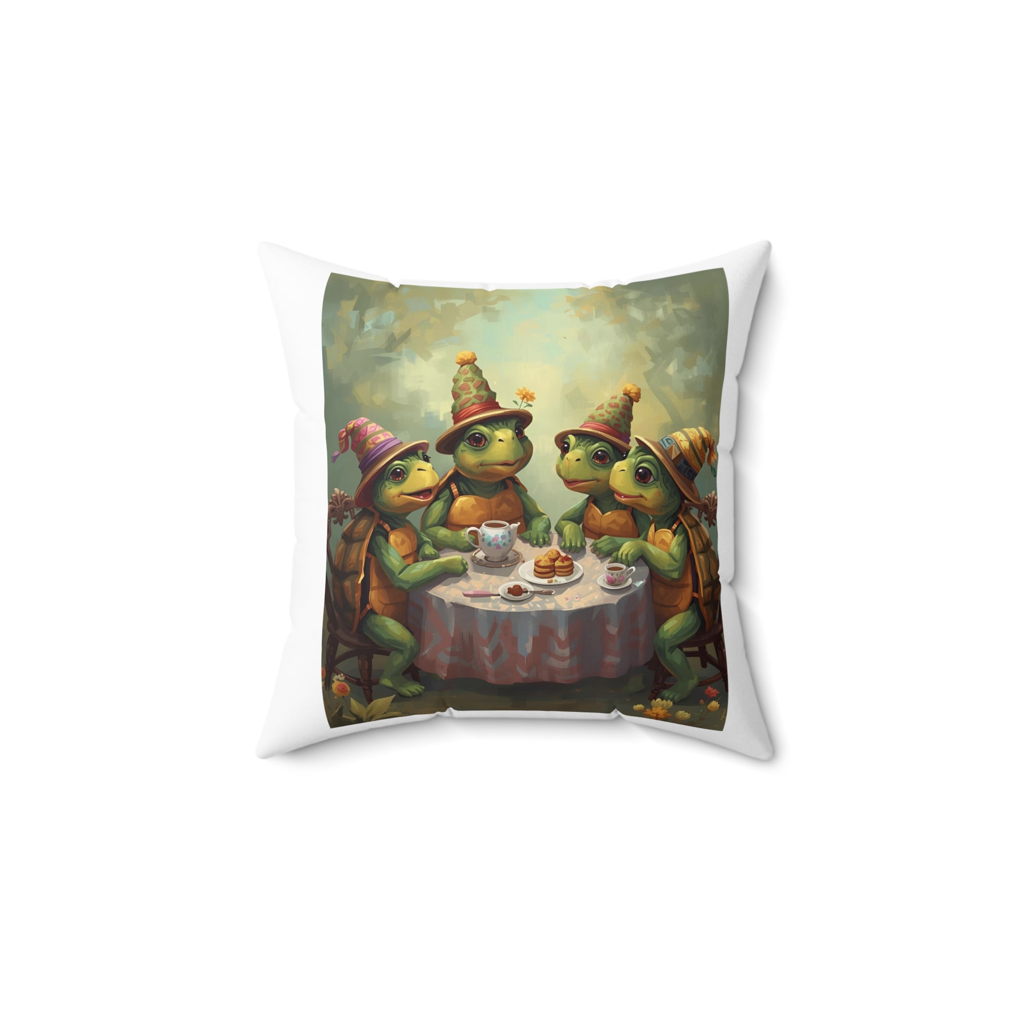 Whimsical Turtle Tea Party Pillow, Decorative Cushion, Unique Home Decor, Gift for Animal Lovers, Playful Living Room Accent
