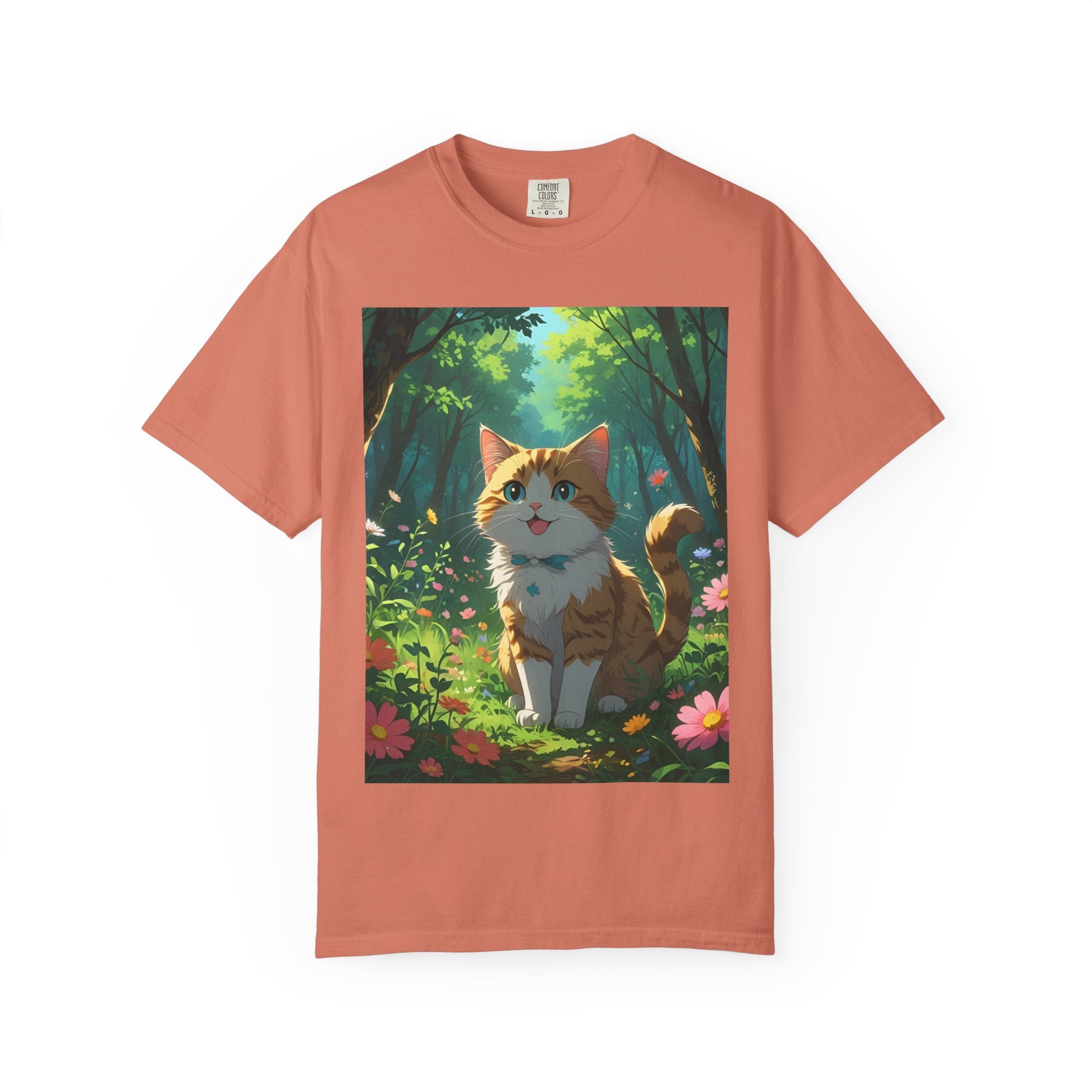 Whimsical Cat In Forest T-Shirt | Nature Lover Gift, Cute Pet Shirt, Animal Art Tee, Summer Outfit, Eco-Friendly Fashion