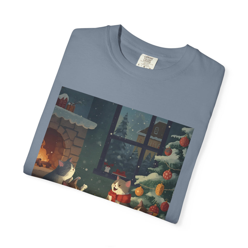 Cozy Cat Campfire T-shirt, Unisex Garment-Dyed Tee, Holiday Gift, Cat Lover Gift, Cute Winter T-shirt, Cozy Nightwear, Christmas Shirt
