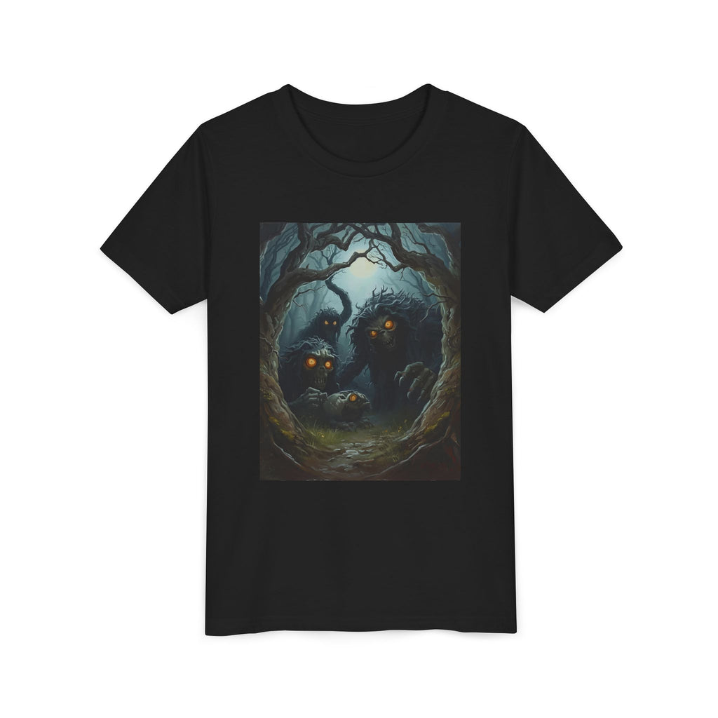 Spooky Mystical Forest Creatures Youth Tee, Cool Graphic T-Shirt, Kids Nature Shirt, Unique Gift for Boys & Girls, Perfect for Halloween
