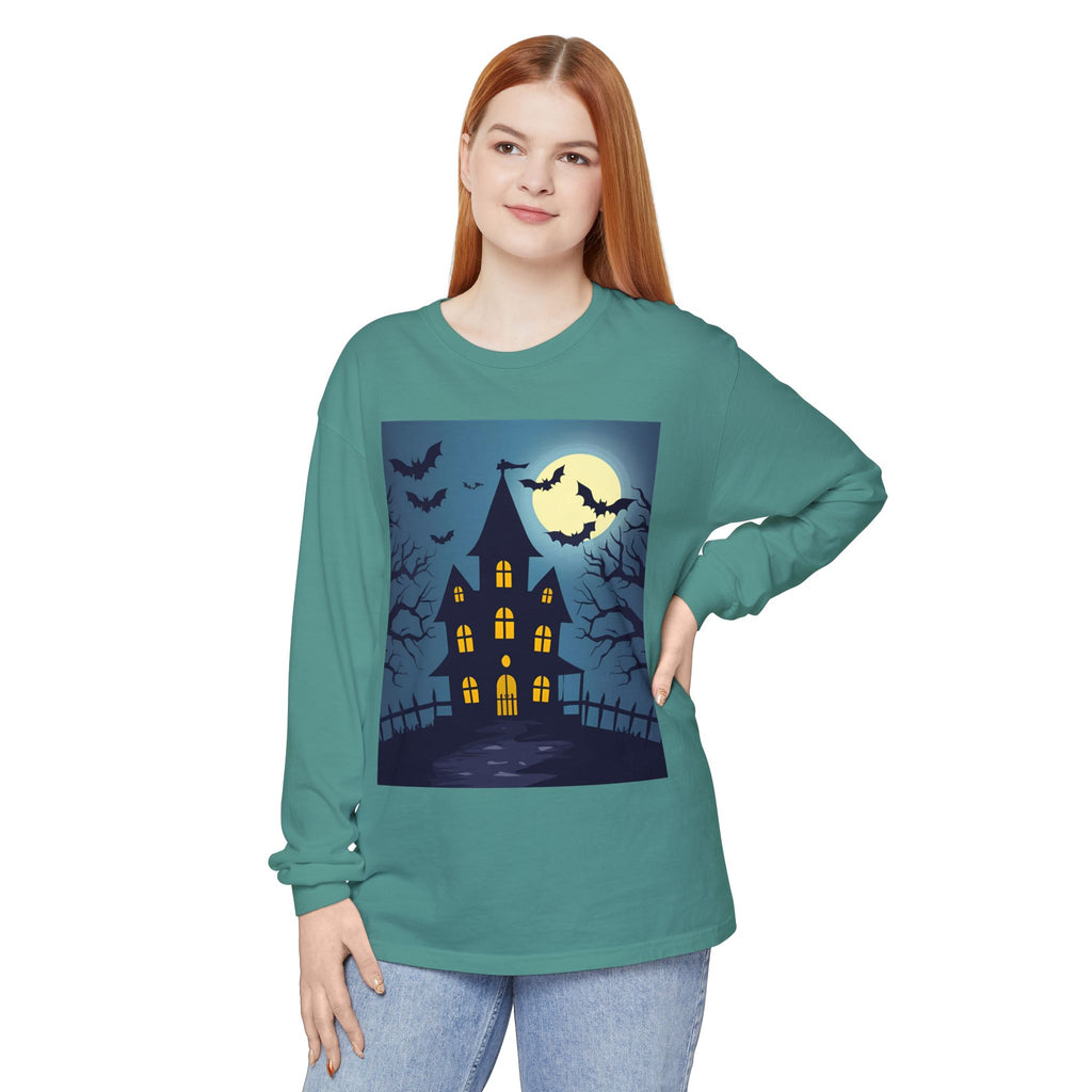 Haunted House Long Sleeve T-Shirt | Halloween Apparel, Fall Fashion, Spooky Shirt, Unisex Tee, Ghostly Vibes