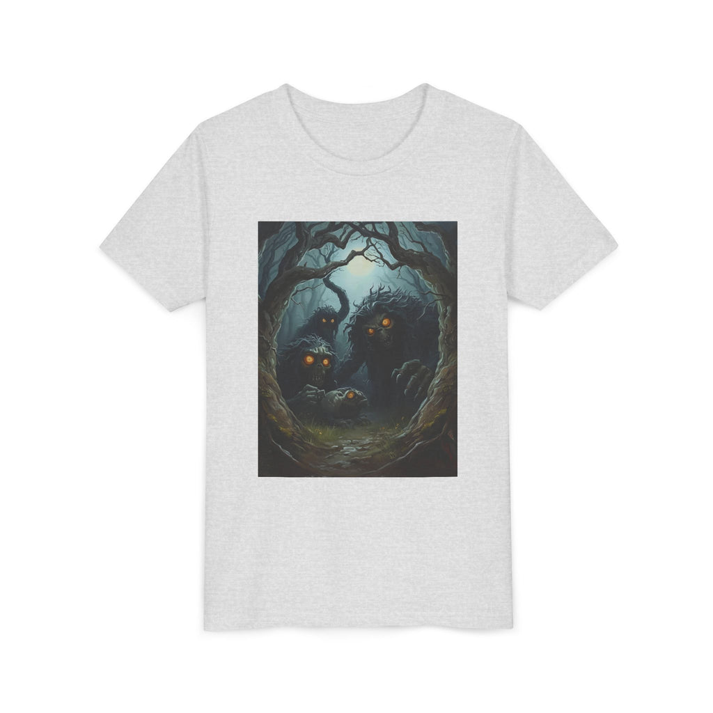 Spooky Mystical Forest Creatures Youth Tee, Cool Graphic T-Shirt, Kids Nature Shirt, Unique Gift for Boys & Girls, Perfect for Halloween