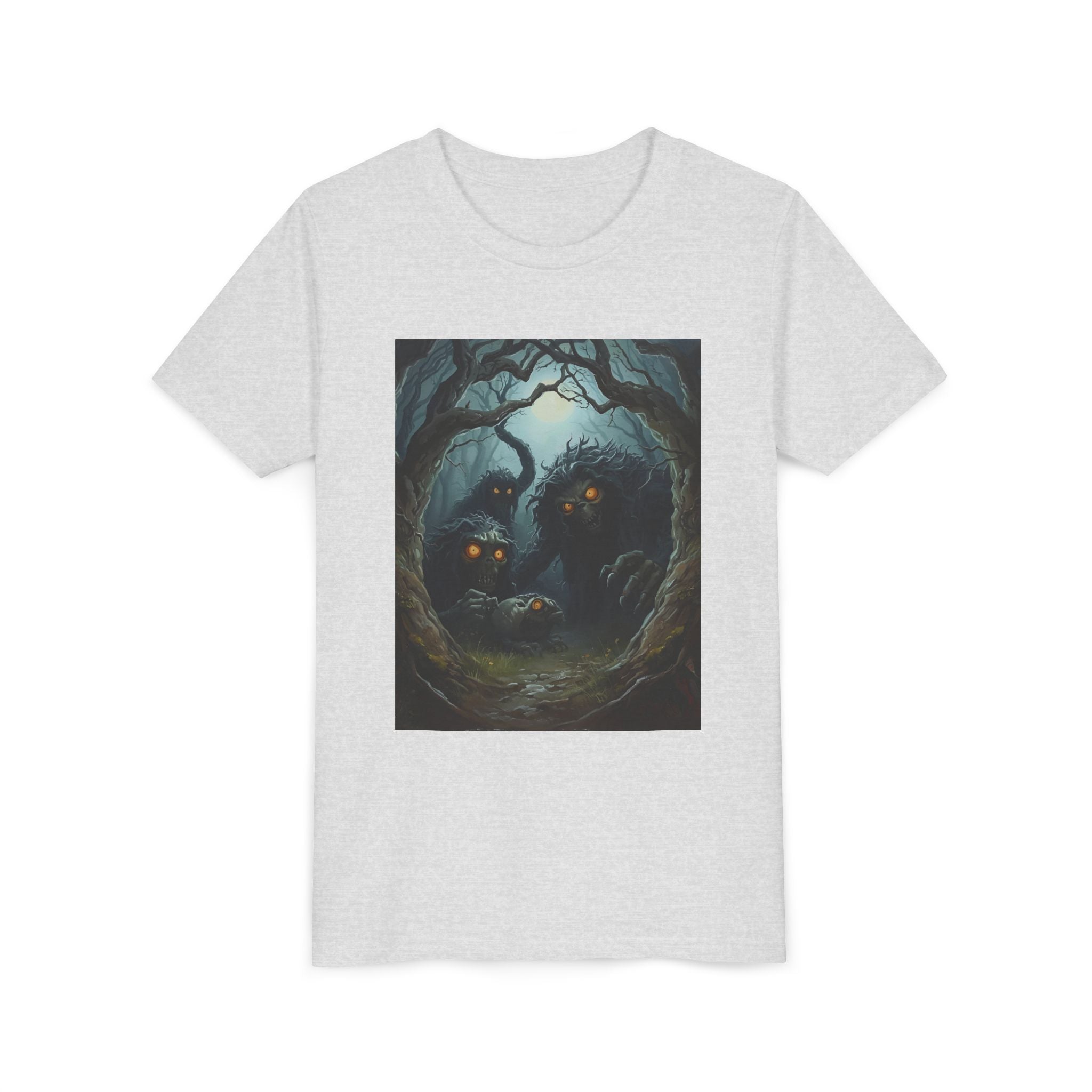 Spooky Mystical Forest Creatures Youth Tee, Cool Graphic T-Shirt, Kids Nature Shirt, Unique Gift for Boys & Girls, Perfect for Halloween