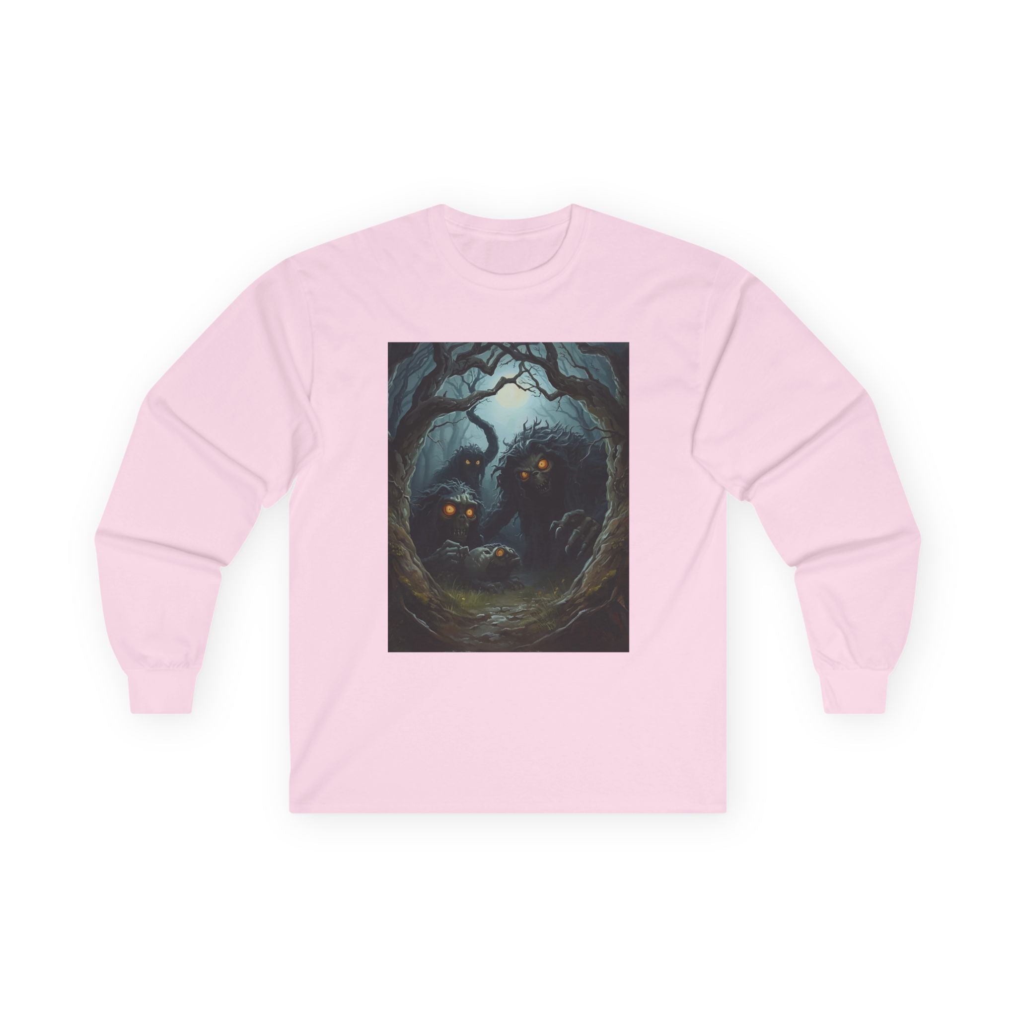 Spooky Mystical Forest Long Sleeve Tee - Cozy Unisex Shirt, Fall Fashion, Nature Lover Gift, Halloween Apparel, Unique Art Tee