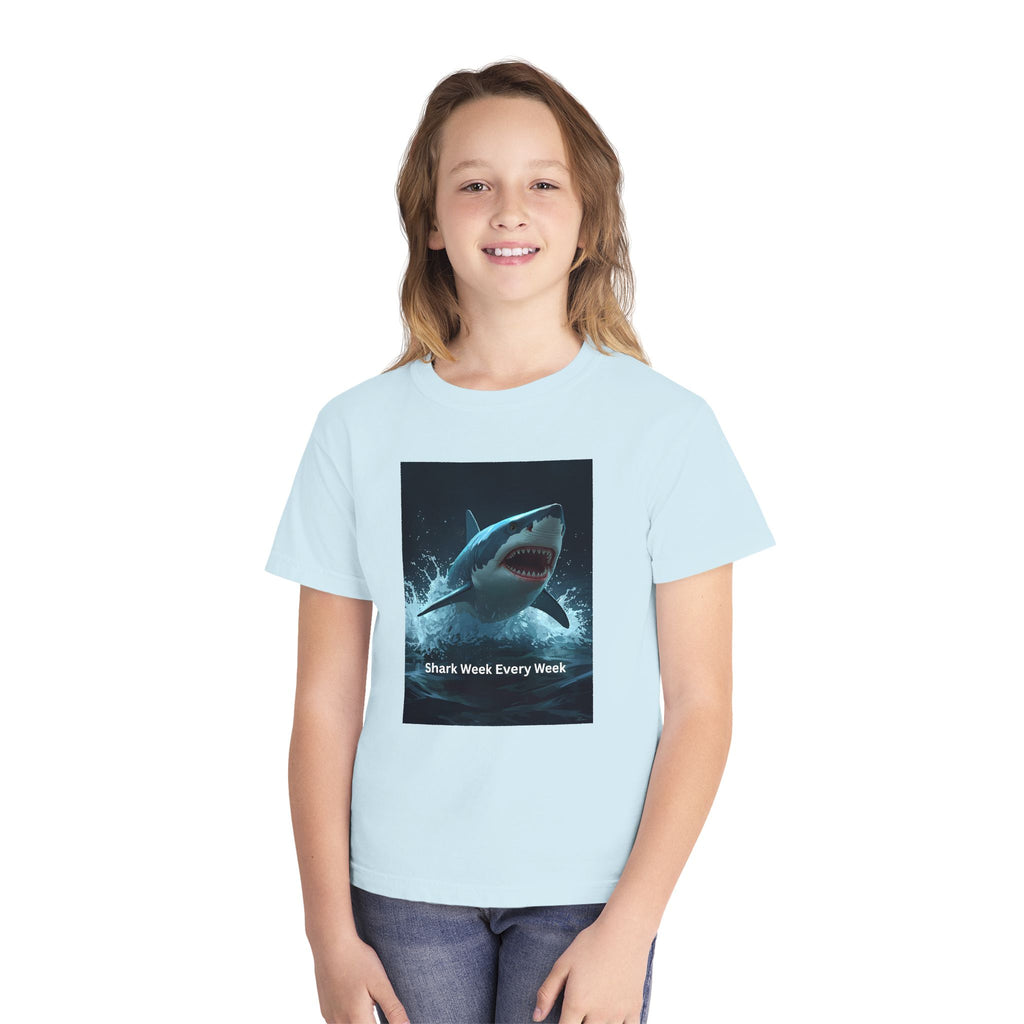 Shark Week Youth Tee, Fun Shark Graphic Shirt, Kids Summer Apparel, Ocean Lover Gift, Beach Party Clothing