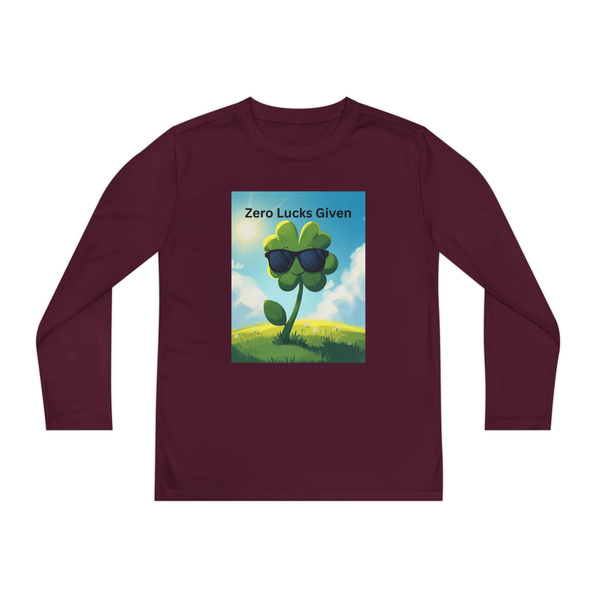 Zero Lucks Given Youth Long Sleeve Tee, Fun Graphic Shirt, Clover Print Top, Gift for Kids, Statement Tee, Birthday Gift