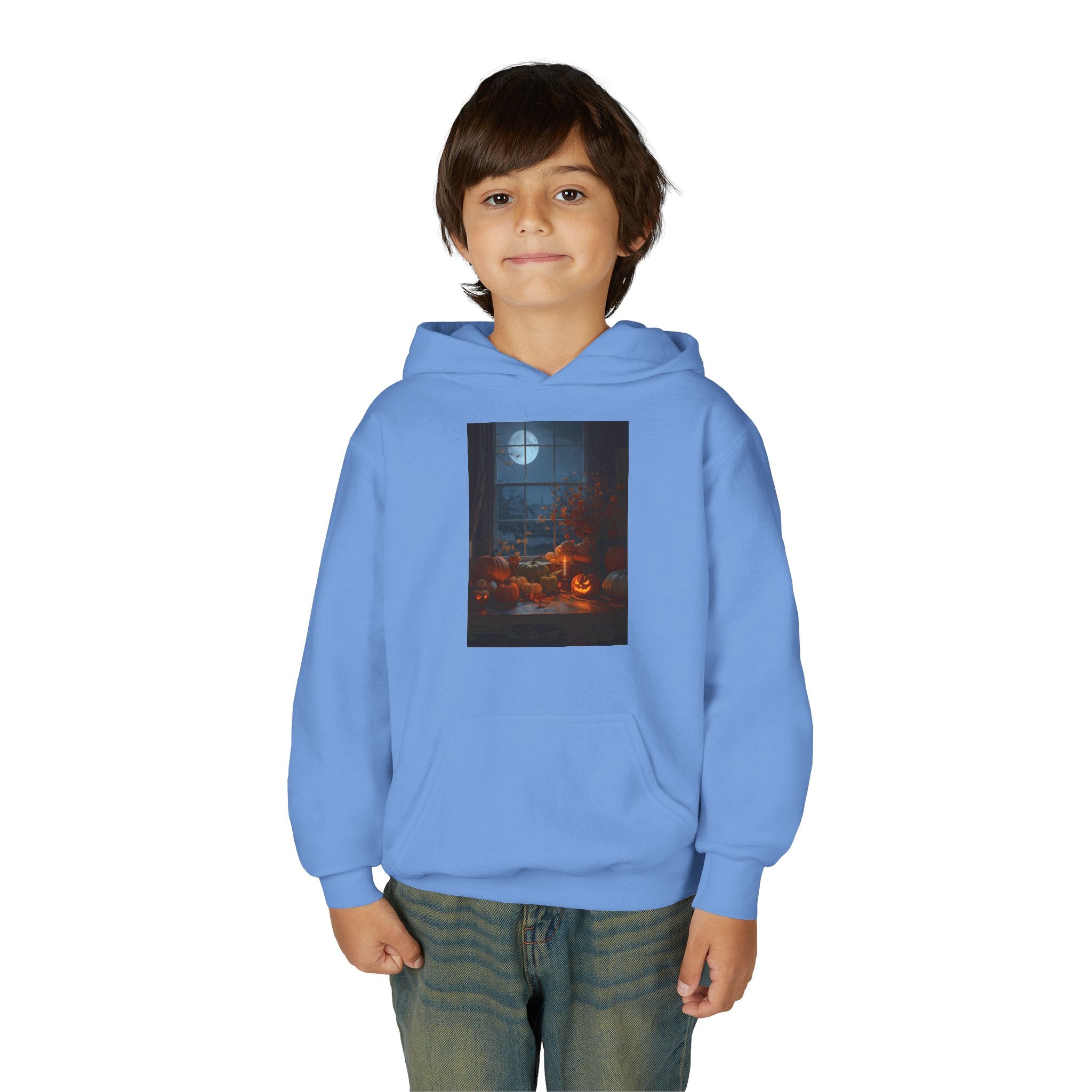 Halloween Pumpkin Youth Hoodie, Cozy Sweatshirt for Kids, Autumn & Halloween Apparel, Spooky Themed Hoodie, Fun Gift for Boys & Girls