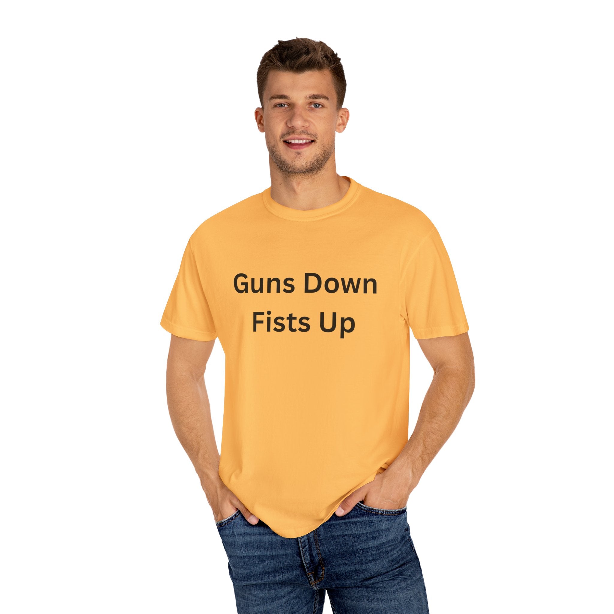 Unisex Motivational T-Shirt - Guns Down Fists Up - Casual Wear, Activism Shirt, Gift for A Cause, Everyday Comfort, Inspirational Tee